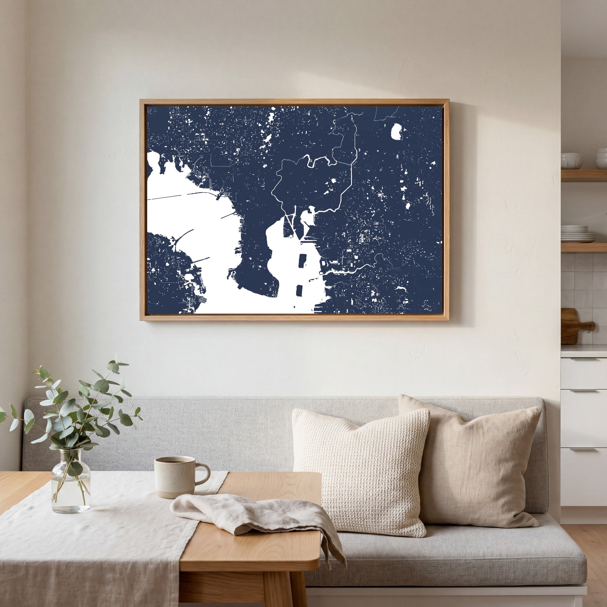 Tampa navy horizontal canvas map in an oak framed room scene