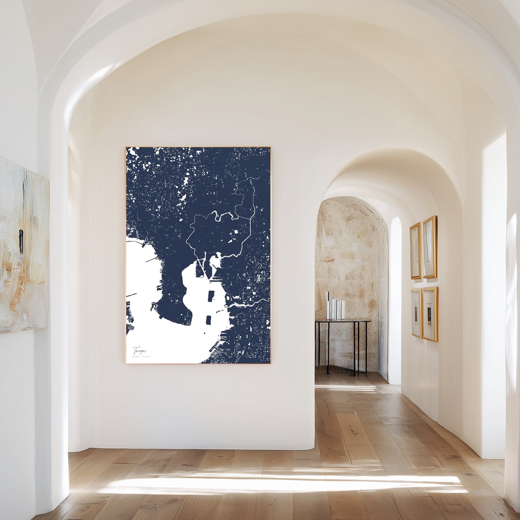 Tampa navy vertical canvas map in the Bello mixed room scene