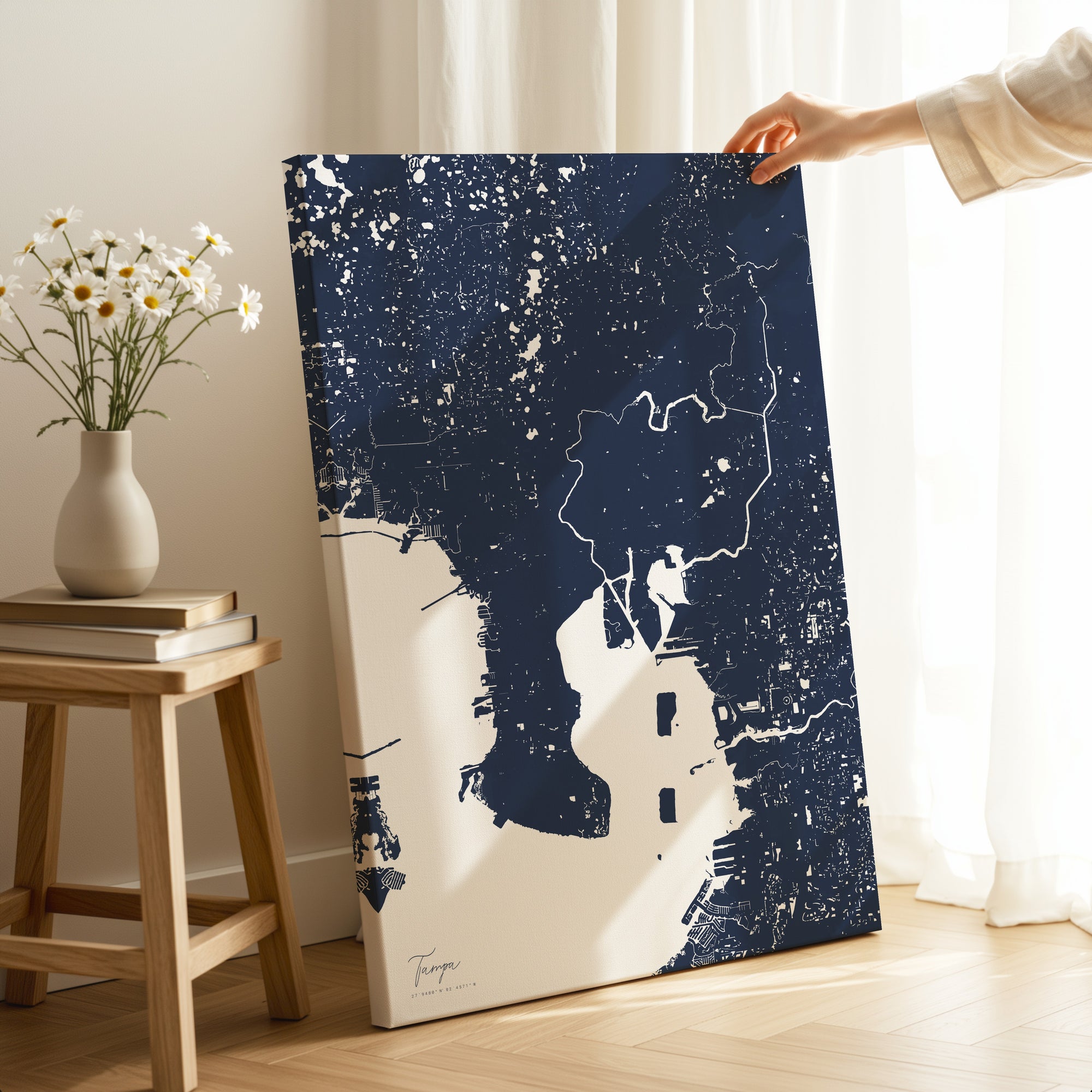Tampa navy vertical wrapped canvas map in the ratio 2:3 hand mockup