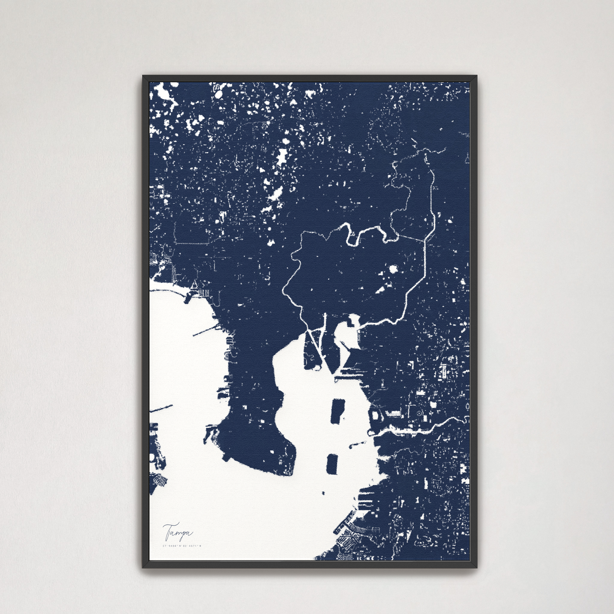 Tampa Coastal Map — Canvas Vertical, navy, Black Frame