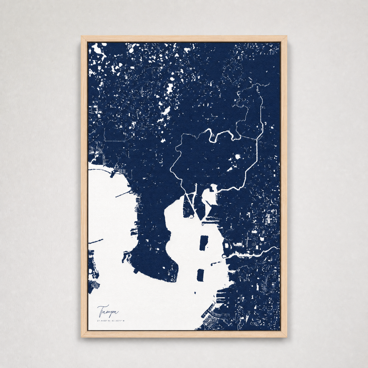 Tampa Coastal Map — Canvas Vertical — navy, Light Wood