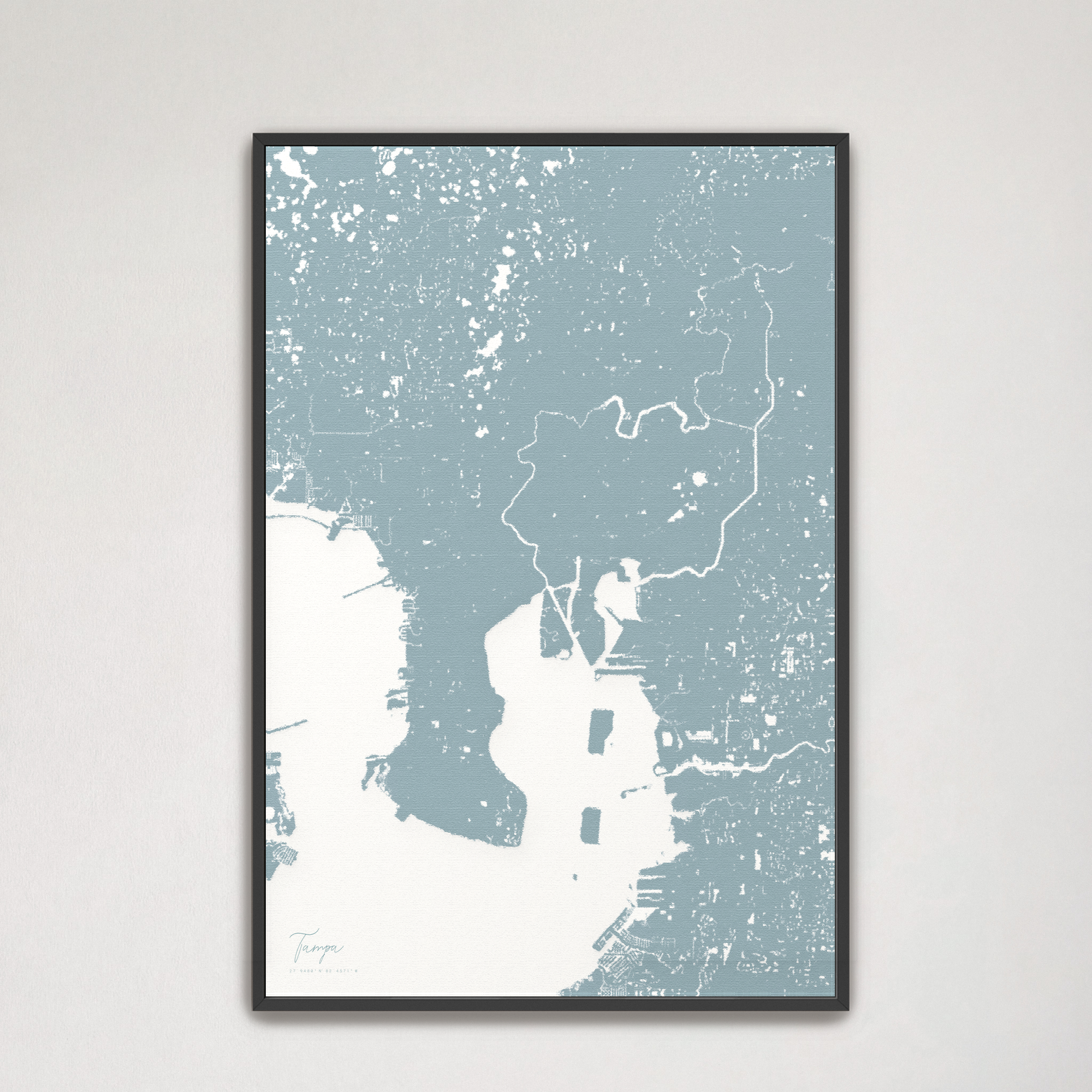 Tampa Coastal Map — Canvas Vertical, soft-blue, Black Frame