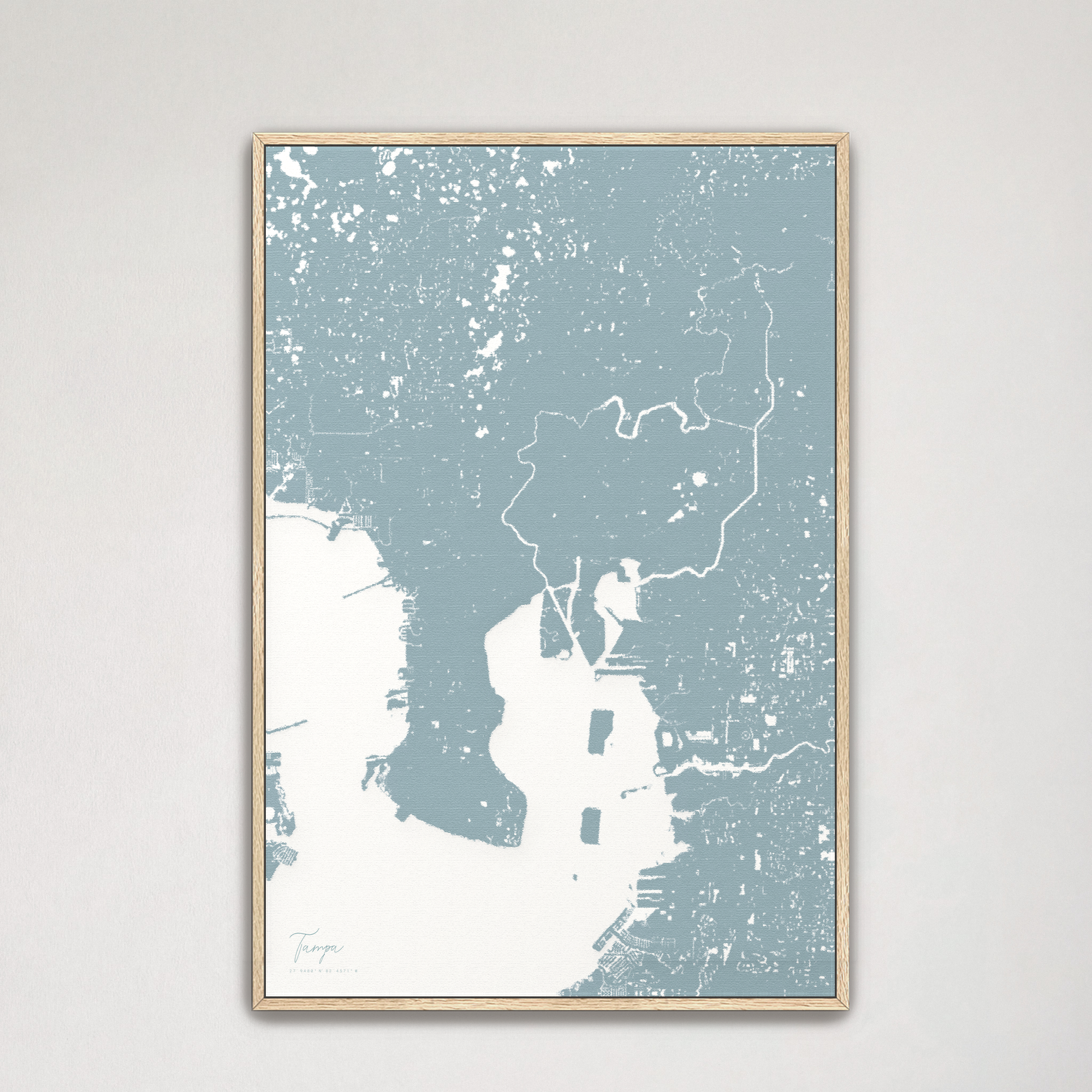Tampa Coastal Map — Canvas Vertical, soft-blue, Natural Oak