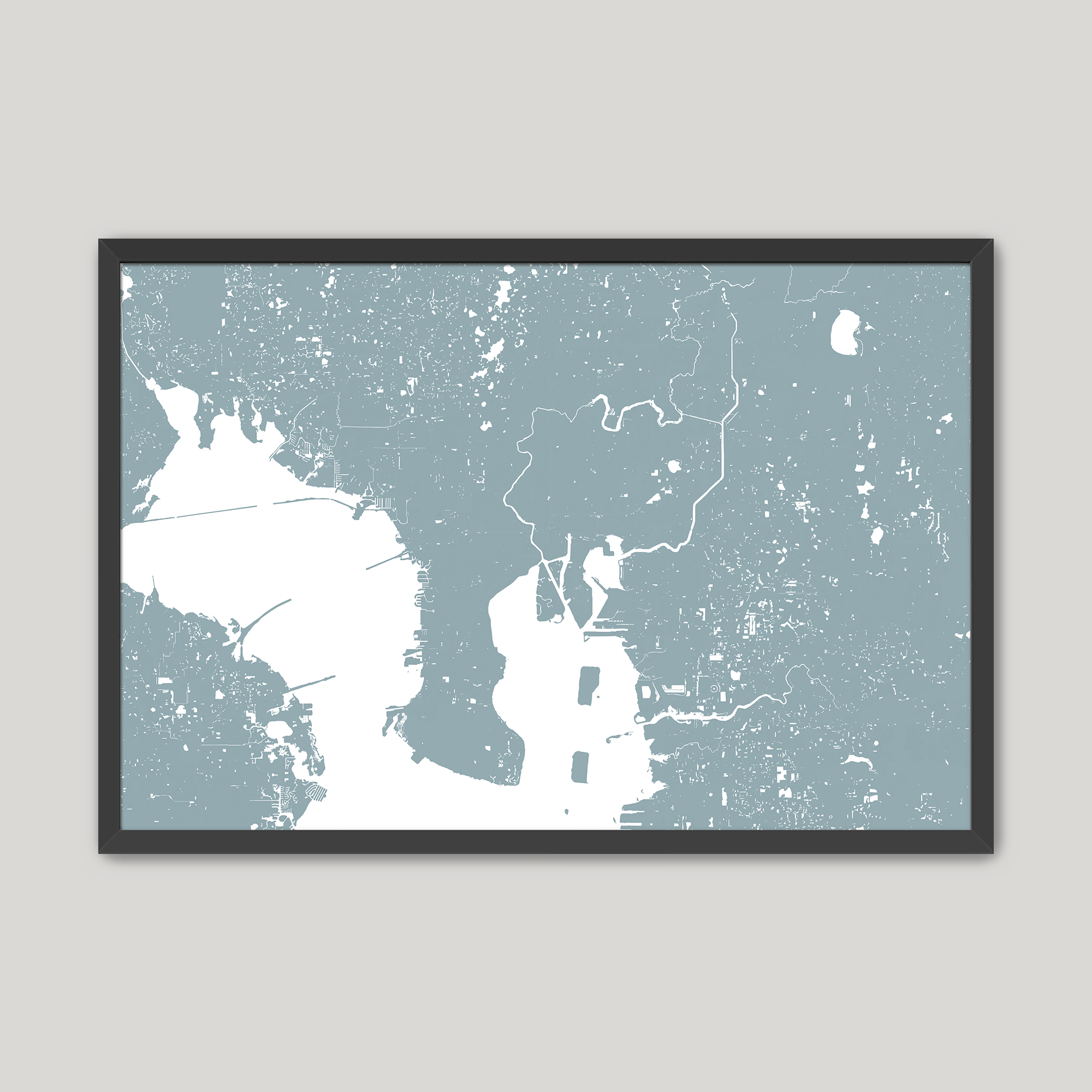 Tampa Coastal Map — Fine Art Print Horizontal, soft-blue, Black Frame, 10x8