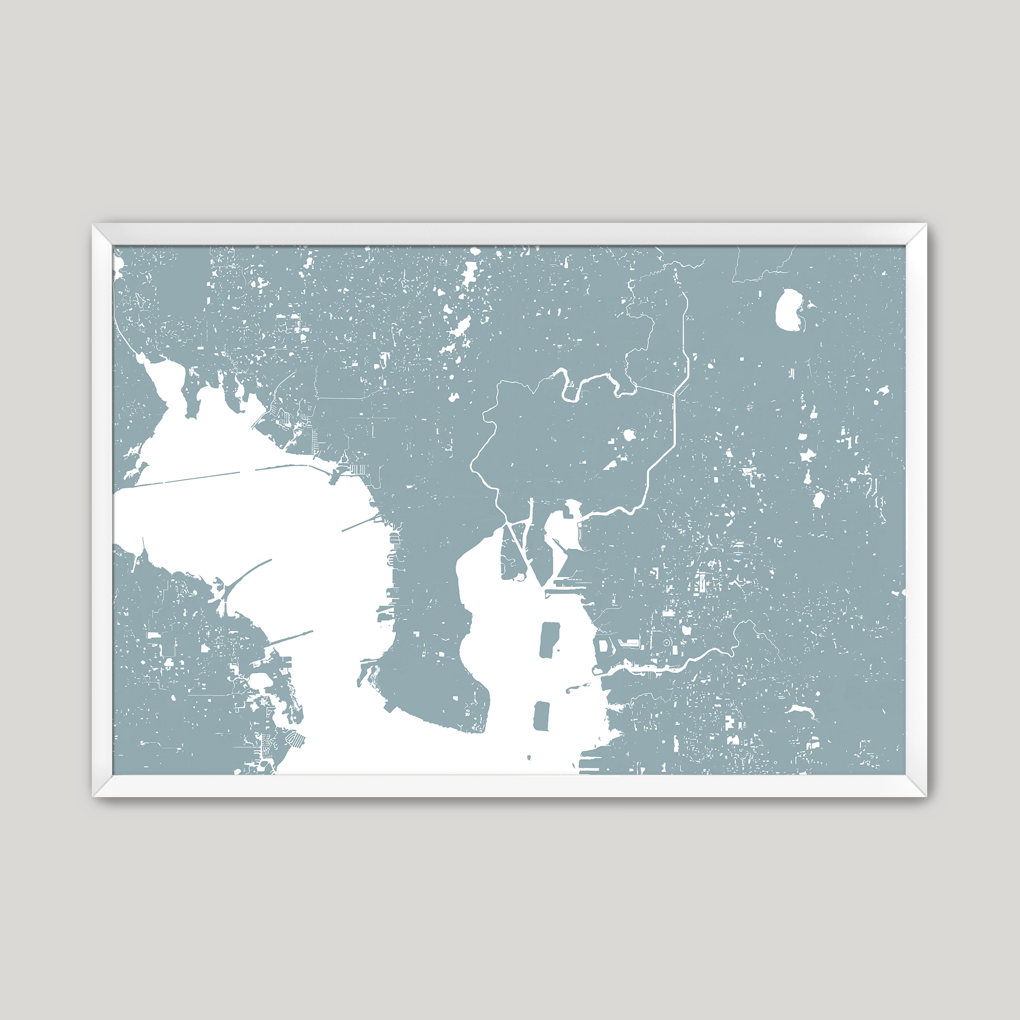 Tampa Coastal Map — Fine Art Print Horizontal, soft-blue, White Frame, 10x8