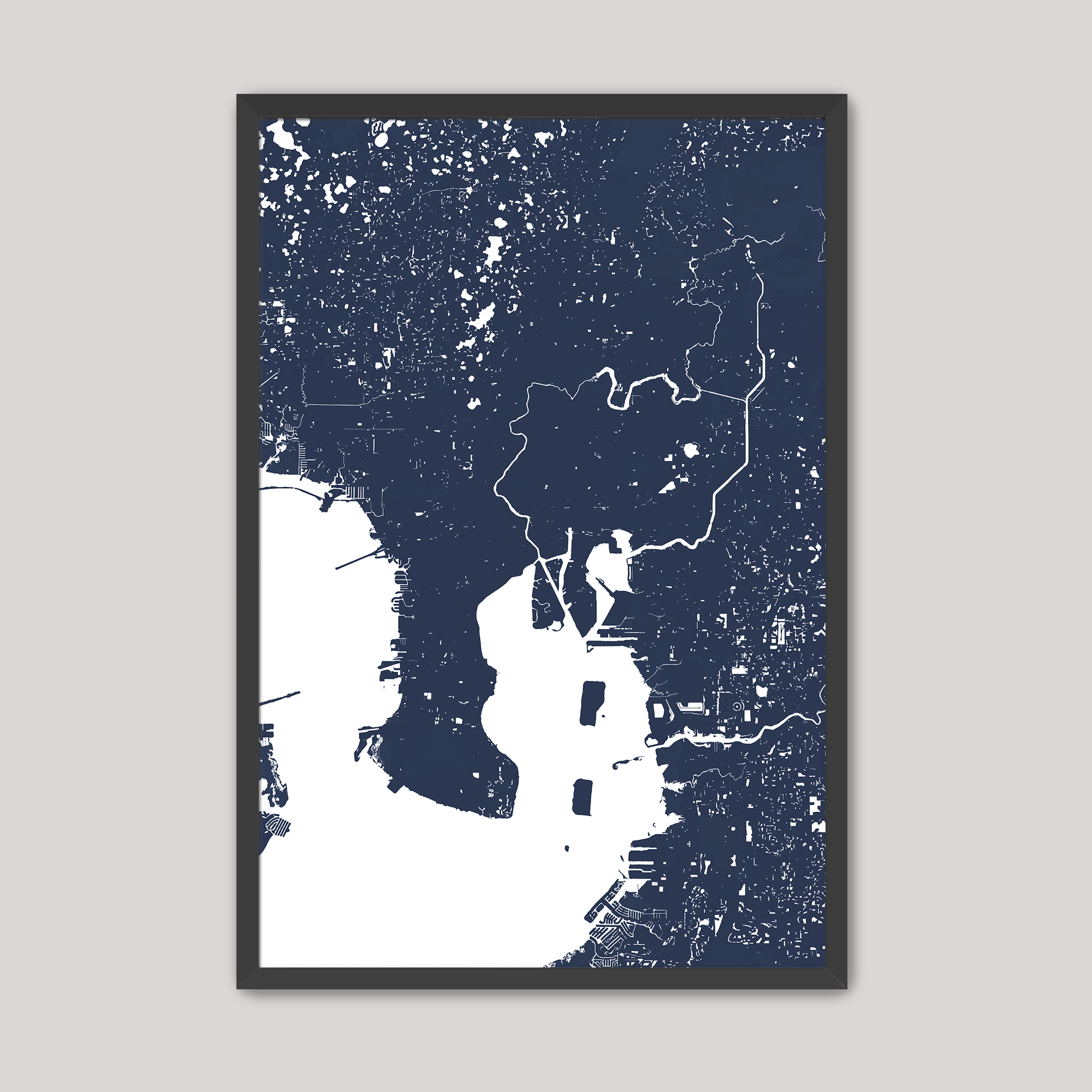 Tampa Coastal Map — Fine Art Print Vertical, navy, Black Frame, 8x10