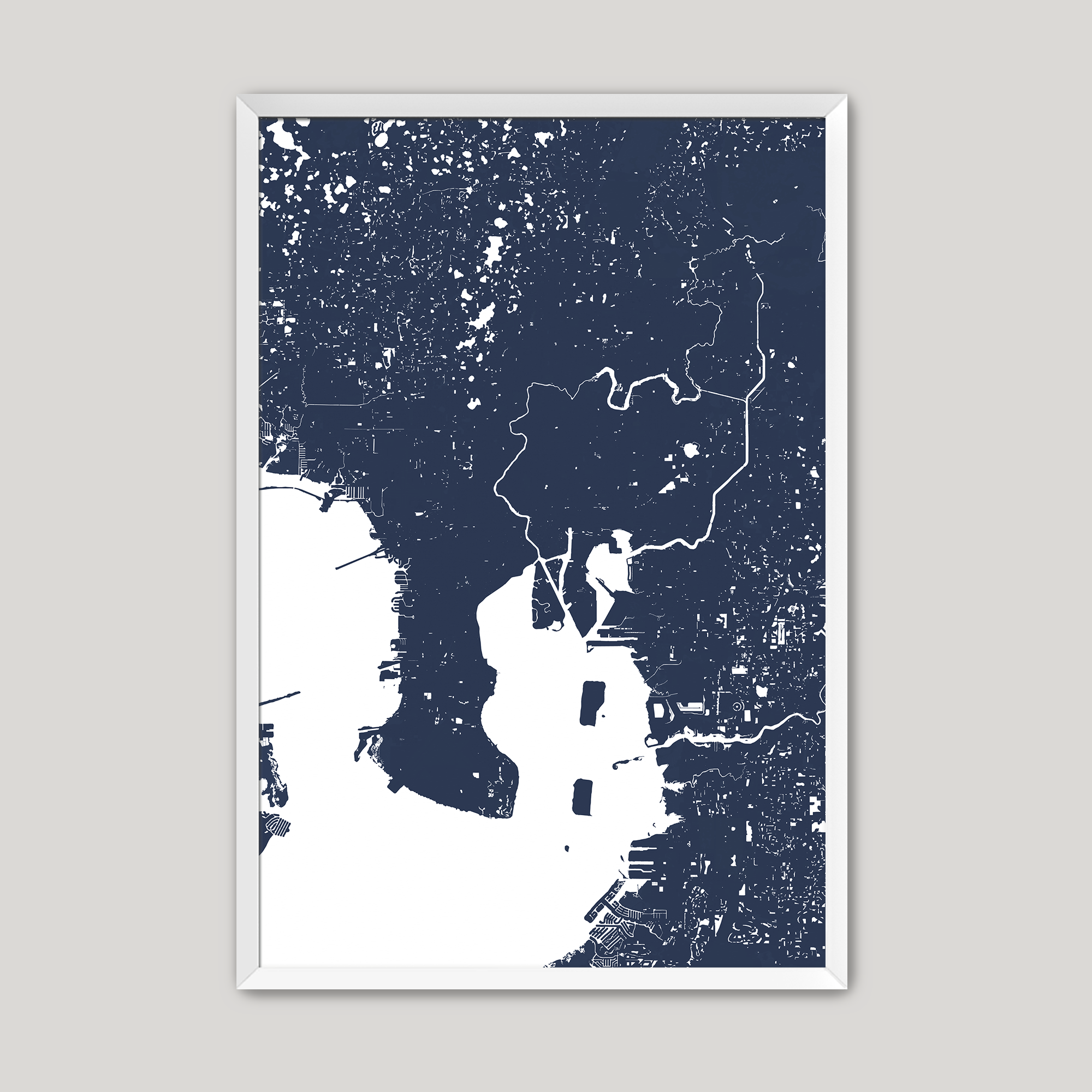 Tampa Coastal Map — Fine Art Print Vertical, navy, White Frame, 8x10