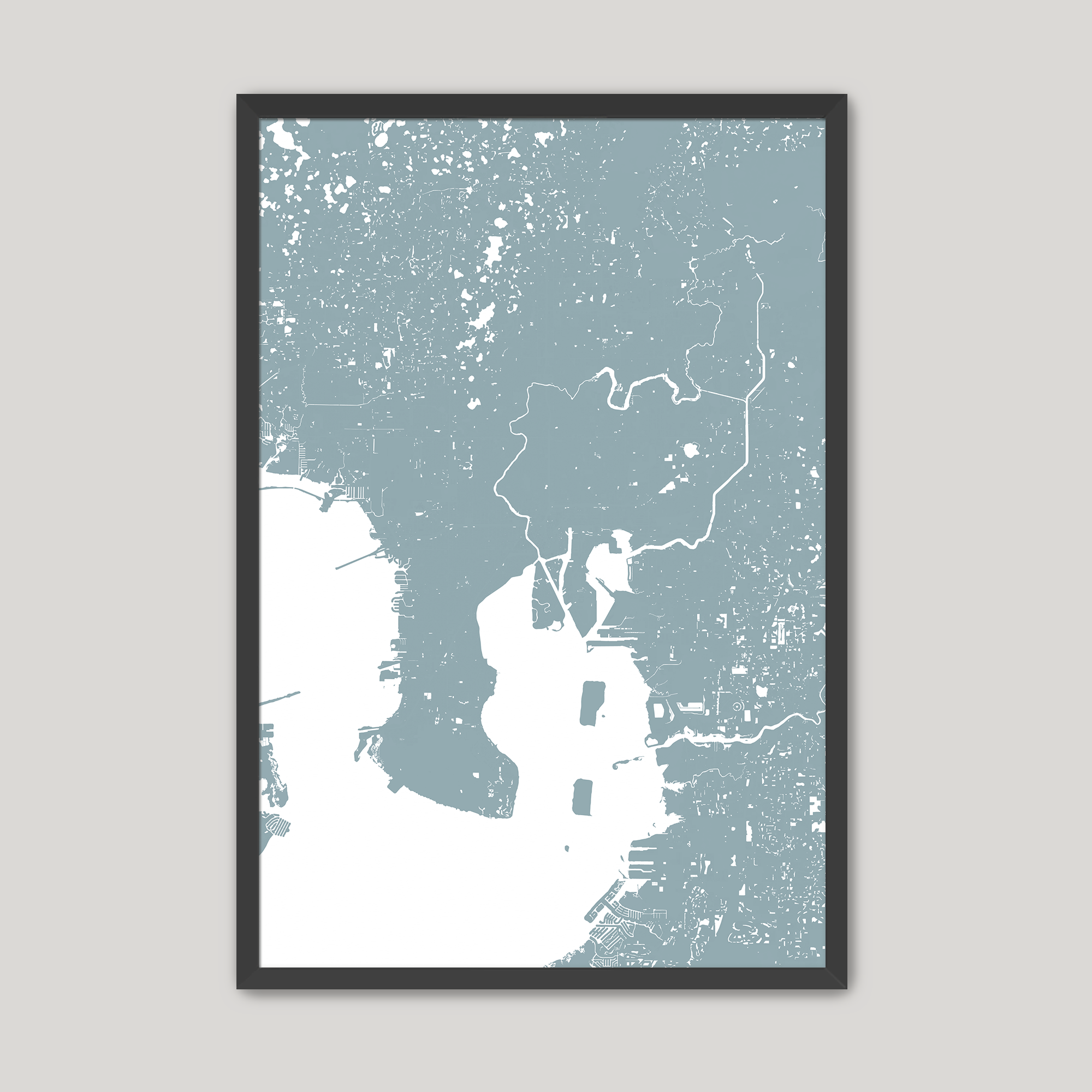 Tampa Coastal Map — Fine Art Print Vertical, soft-blue, Black Frame, 8x10