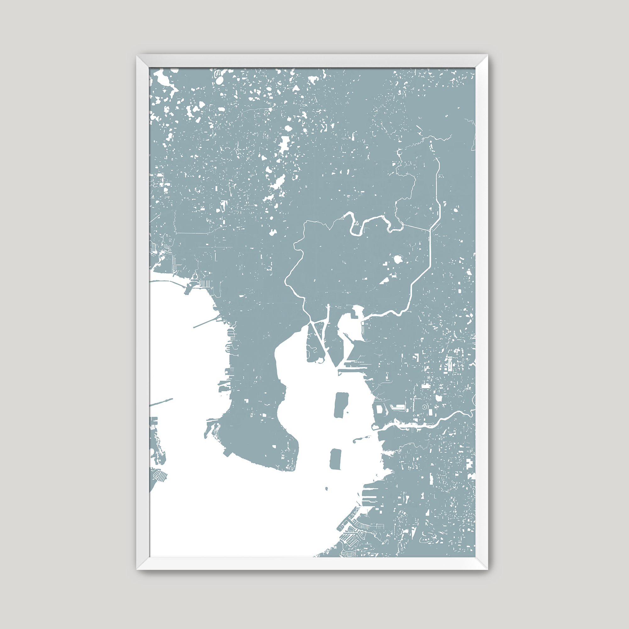 Tampa Coastal Map — Fine Art Print Vertical, soft-blue, White Frame, 8x10