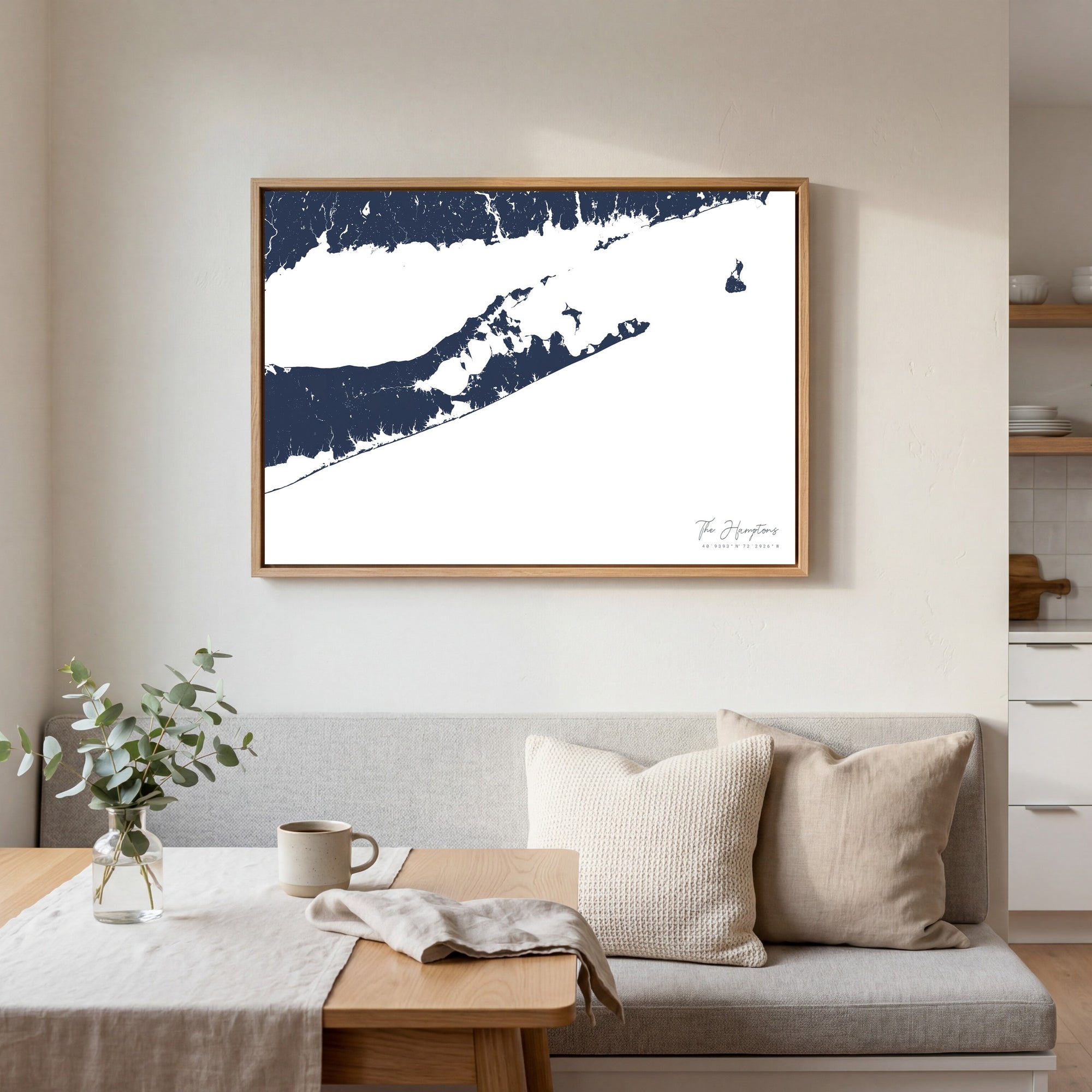 The Hamptons navy horizontal canvas map in an oak framed room scene