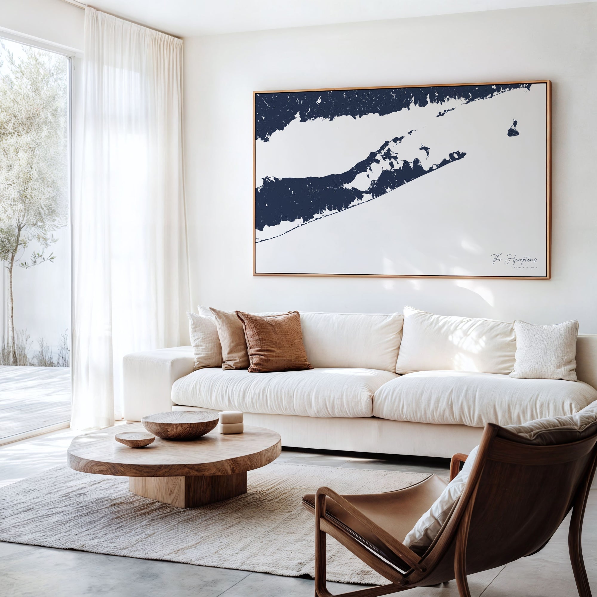 The Hamptons navy horizontal canvas map in an oak framed room scene