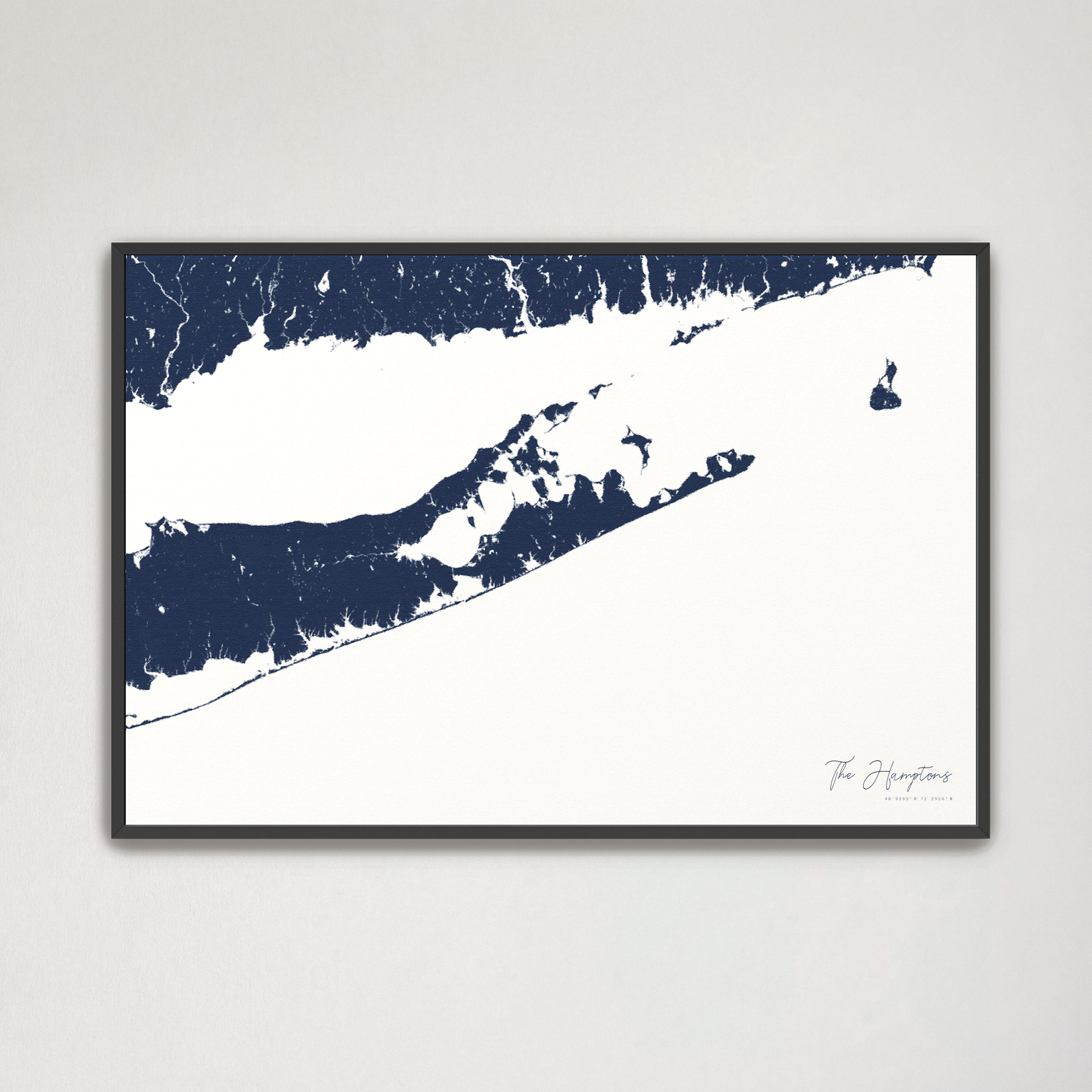 The Hamptons Coastal Map — Canvas Horizontal, navy, Black Frame