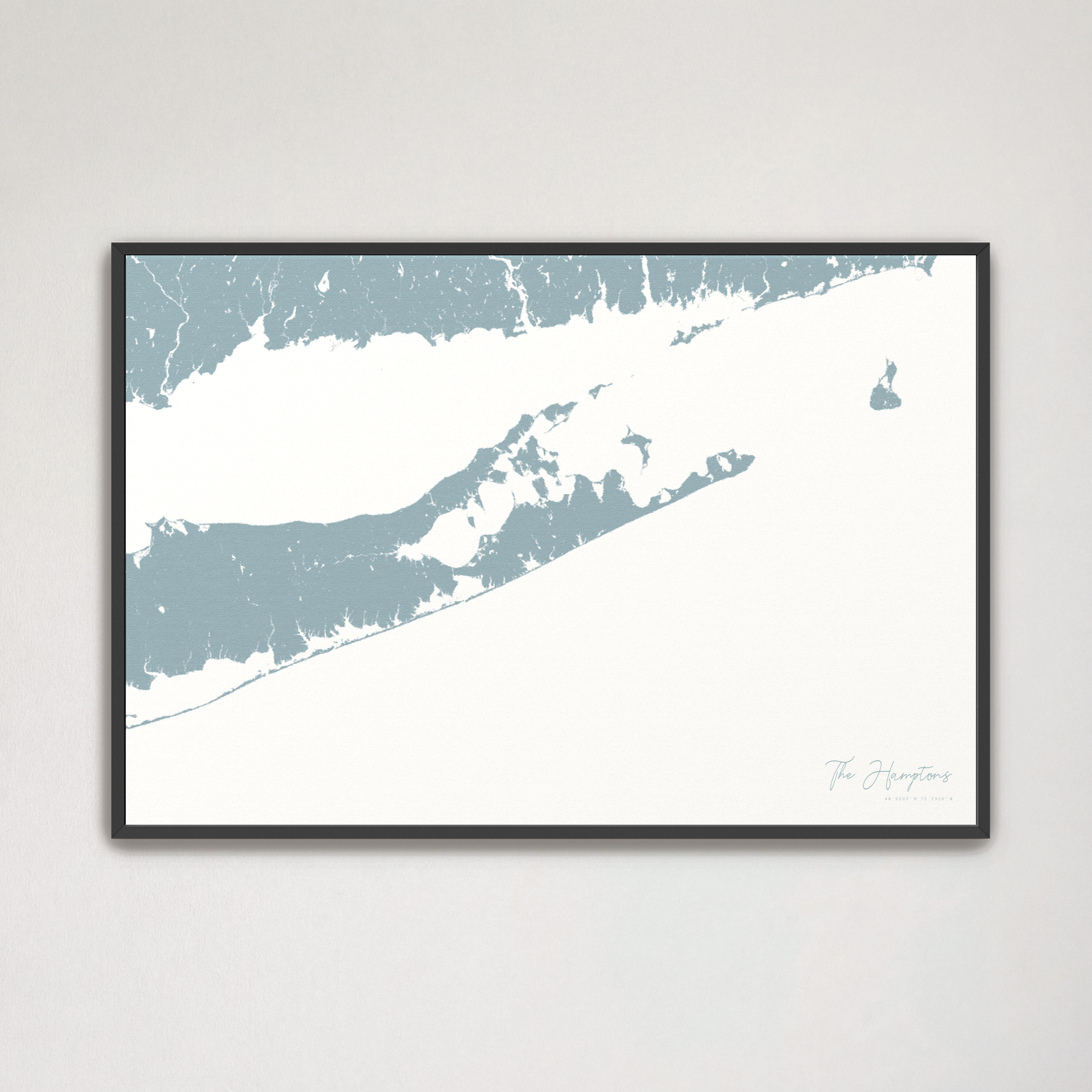 The Hamptons Coastal Map — Canvas Horizontal, soft-blue, Black Frame