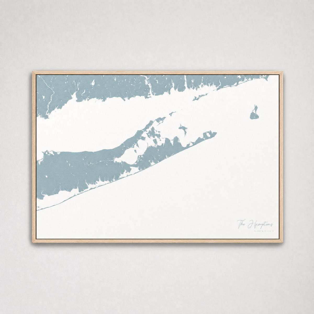 The Hamptons Coastal Map — Canvas Horizontal — soft-blue, Light Wood