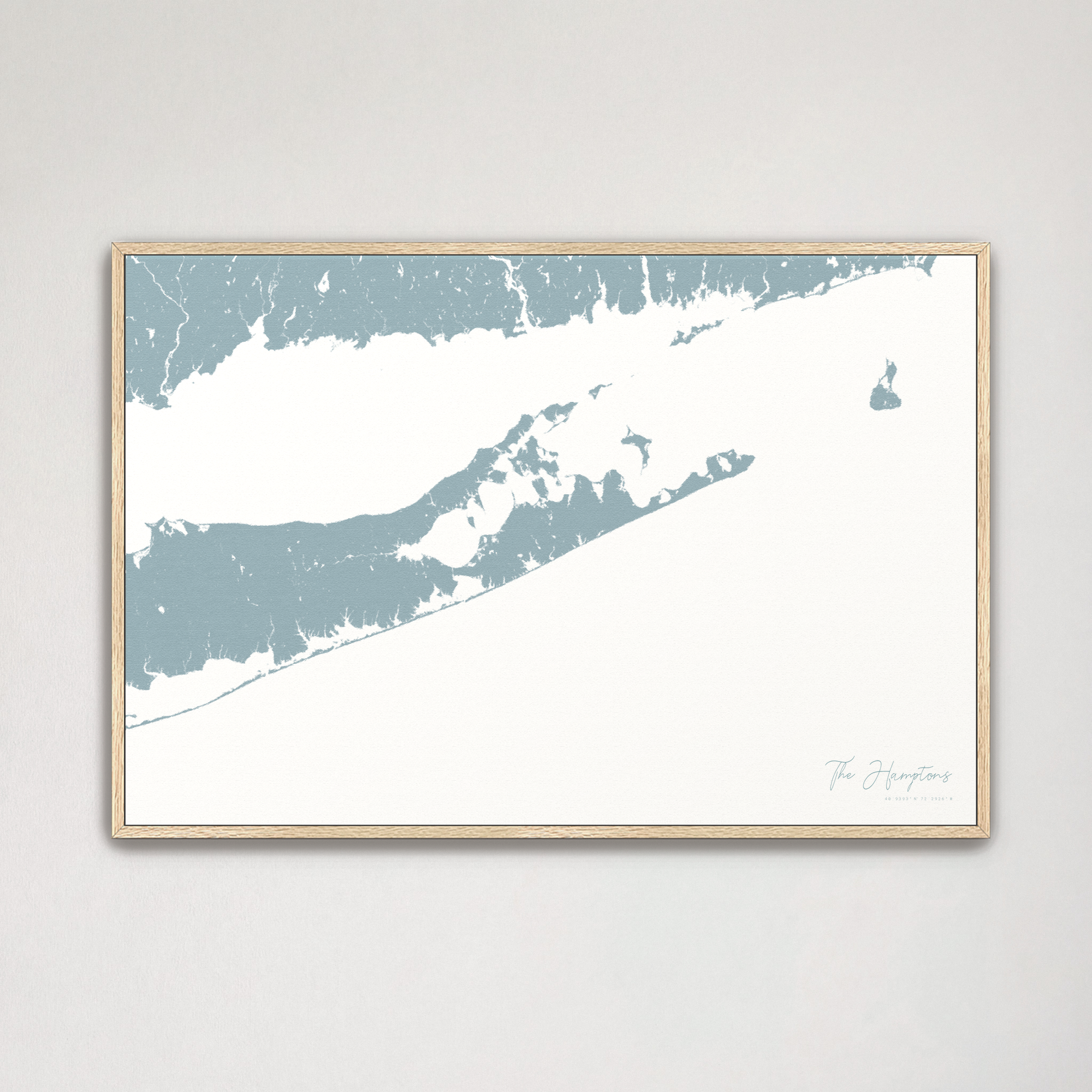 The Hamptons Coastal Map — Canvas Horizontal, soft-blue, Natural Oak