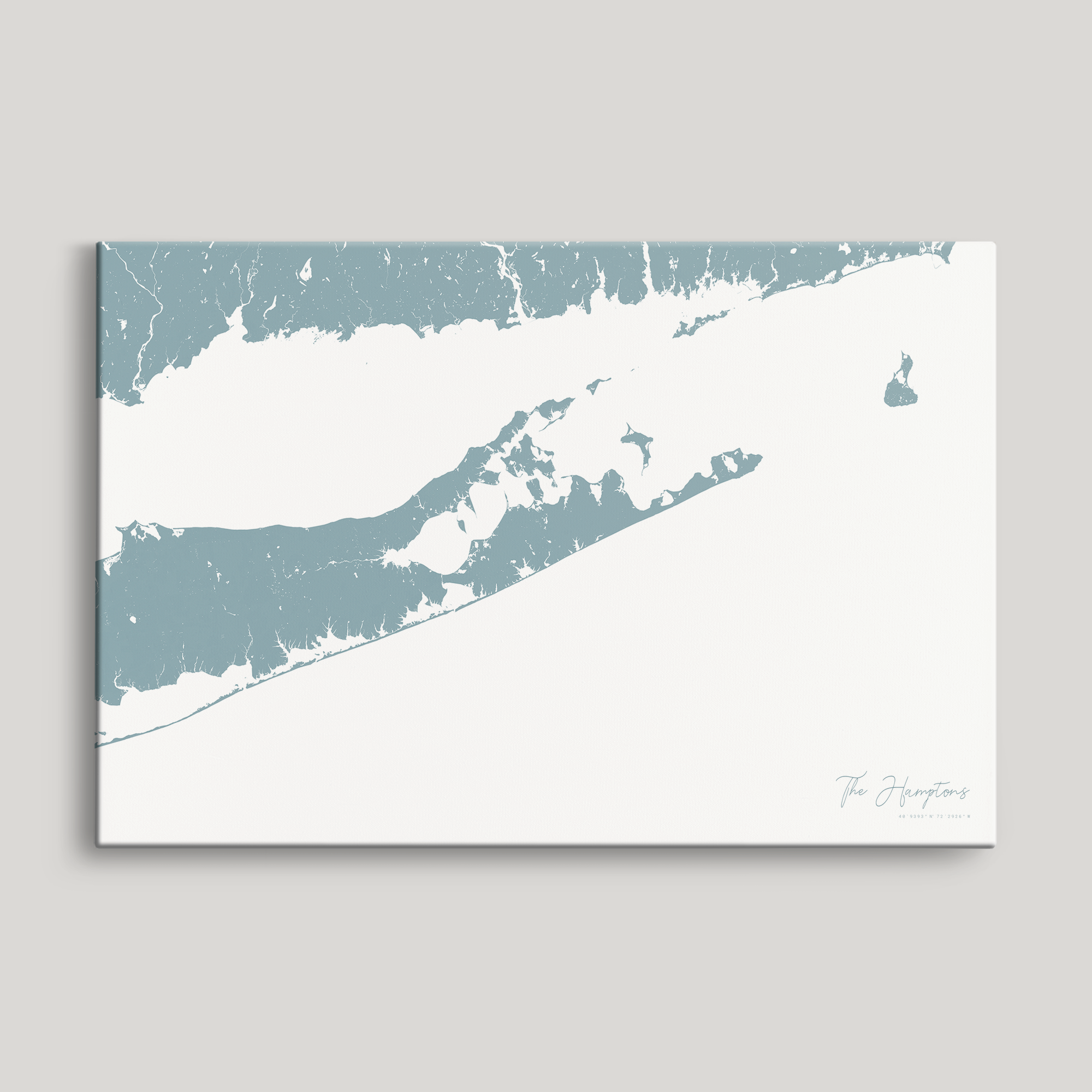 The Hamptons Coastal Map — Canvas Horizontal, soft-blue, No Frame