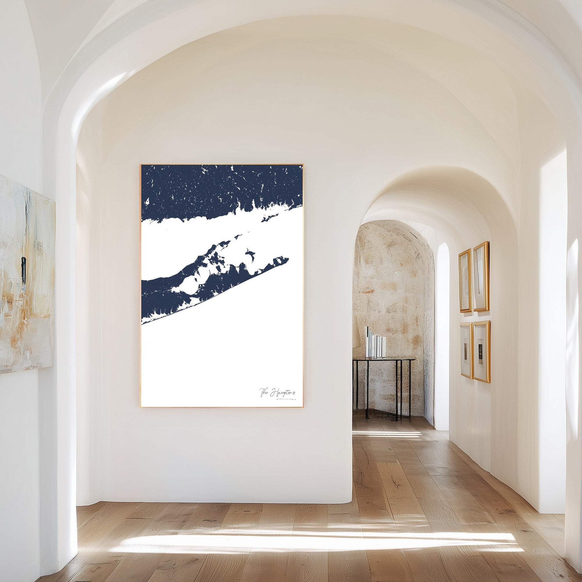 The Hamptons navy vertical canvas map in the Bello mixed room scene