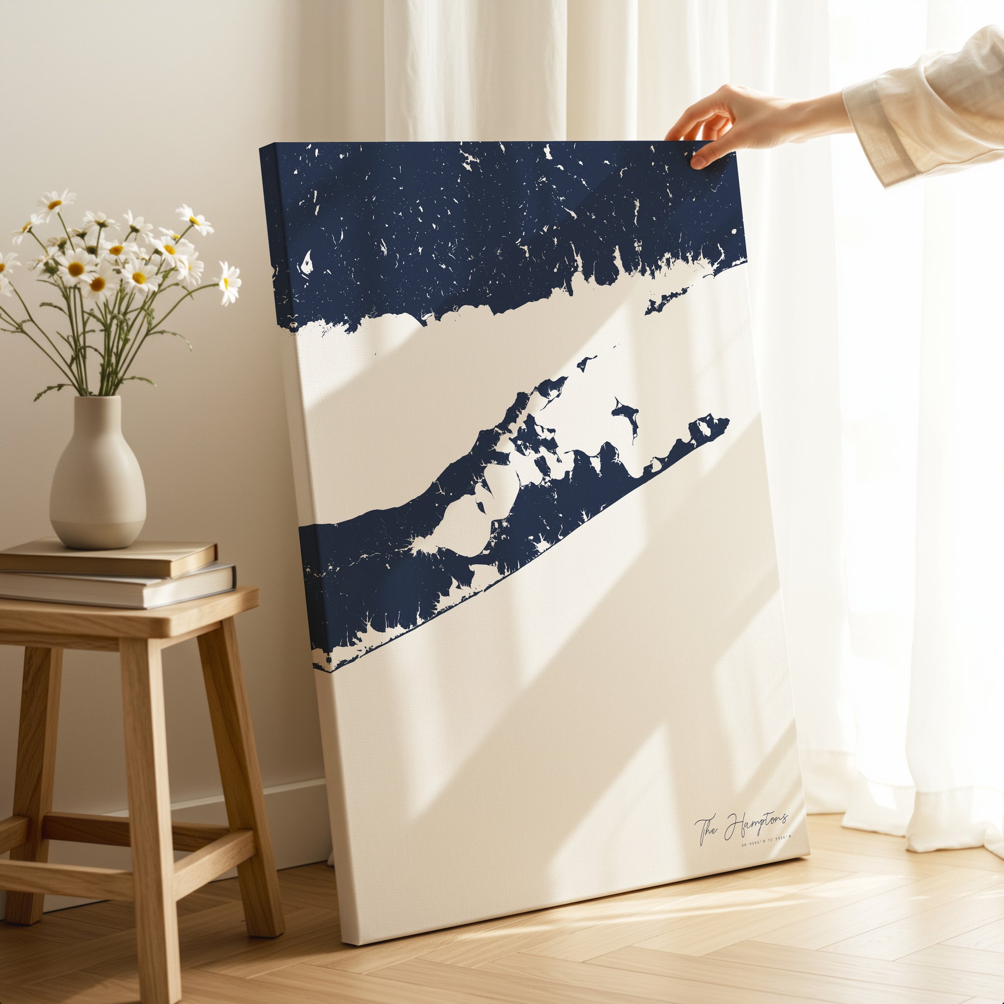The Hamptons navy vertical wrapped canvas map in the ratio 2:3 hand mockup