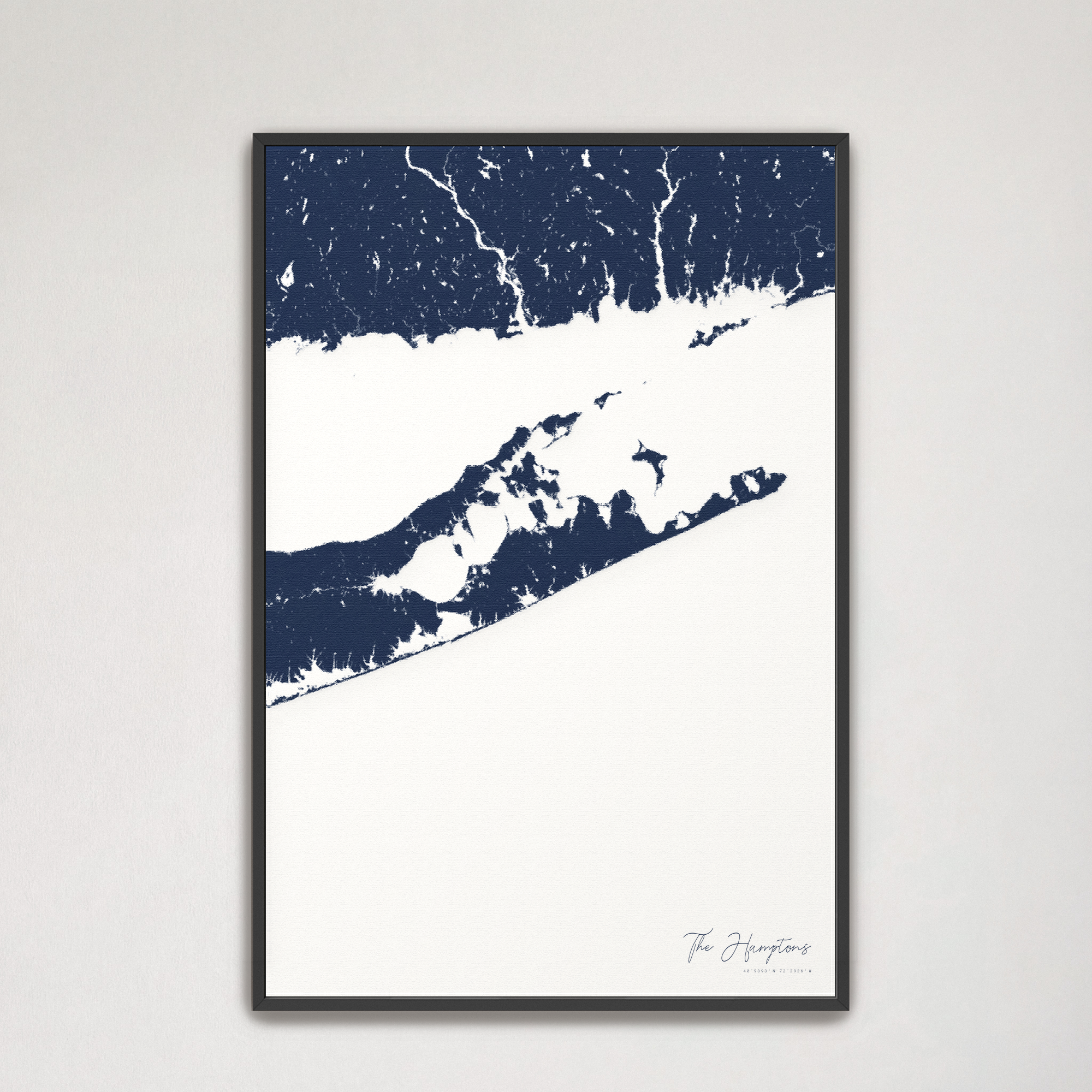 The Hamptons Coastal Map — Canvas Vertical, navy, Black Frame
