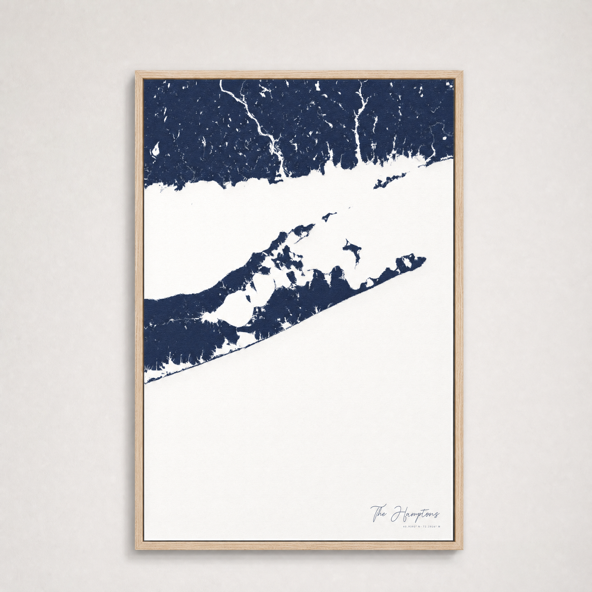 The Hamptons Coastal Map — Canvas Vertical — navy, Light Wood