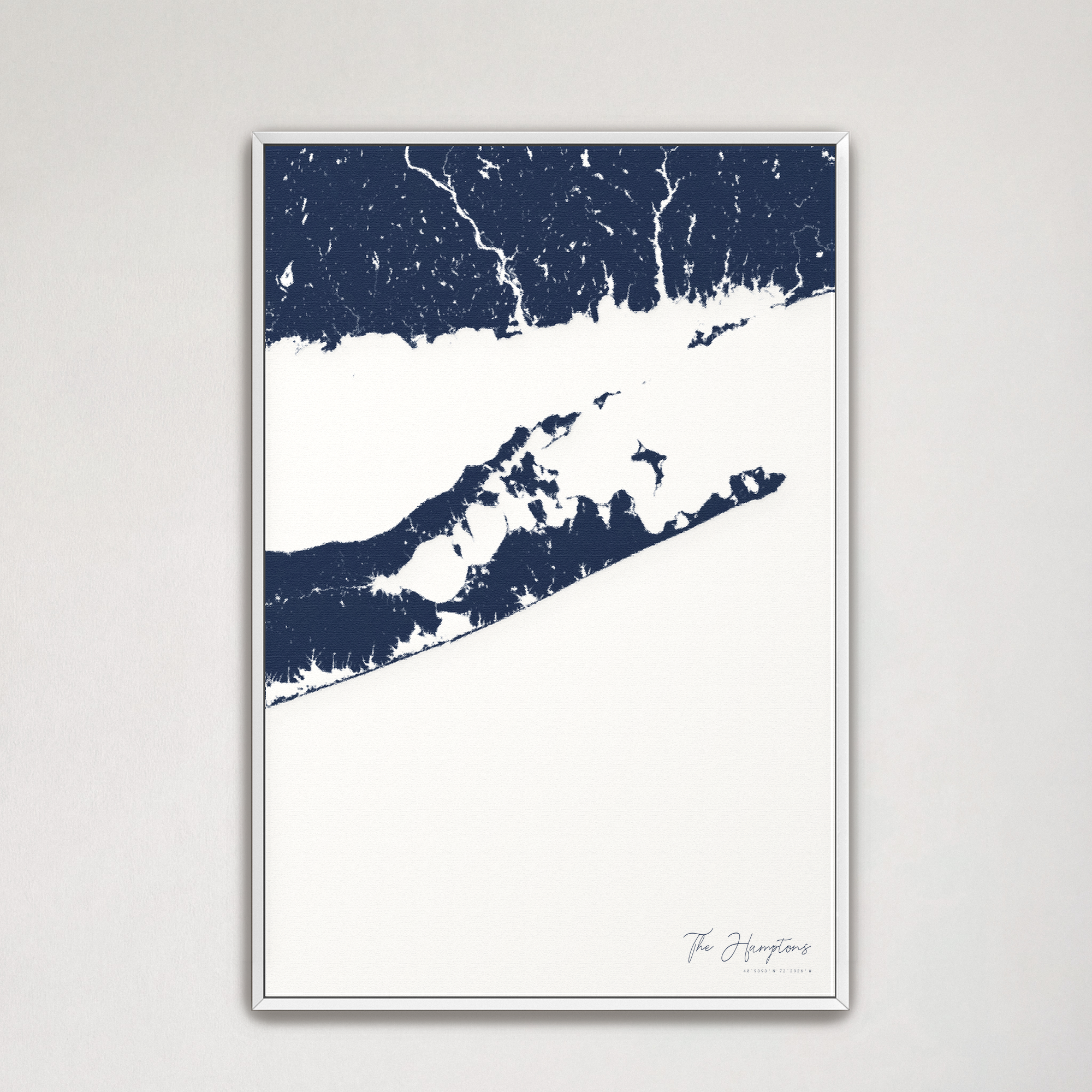 The Hamptons Coastal Map — Canvas Vertical, navy, White Frame