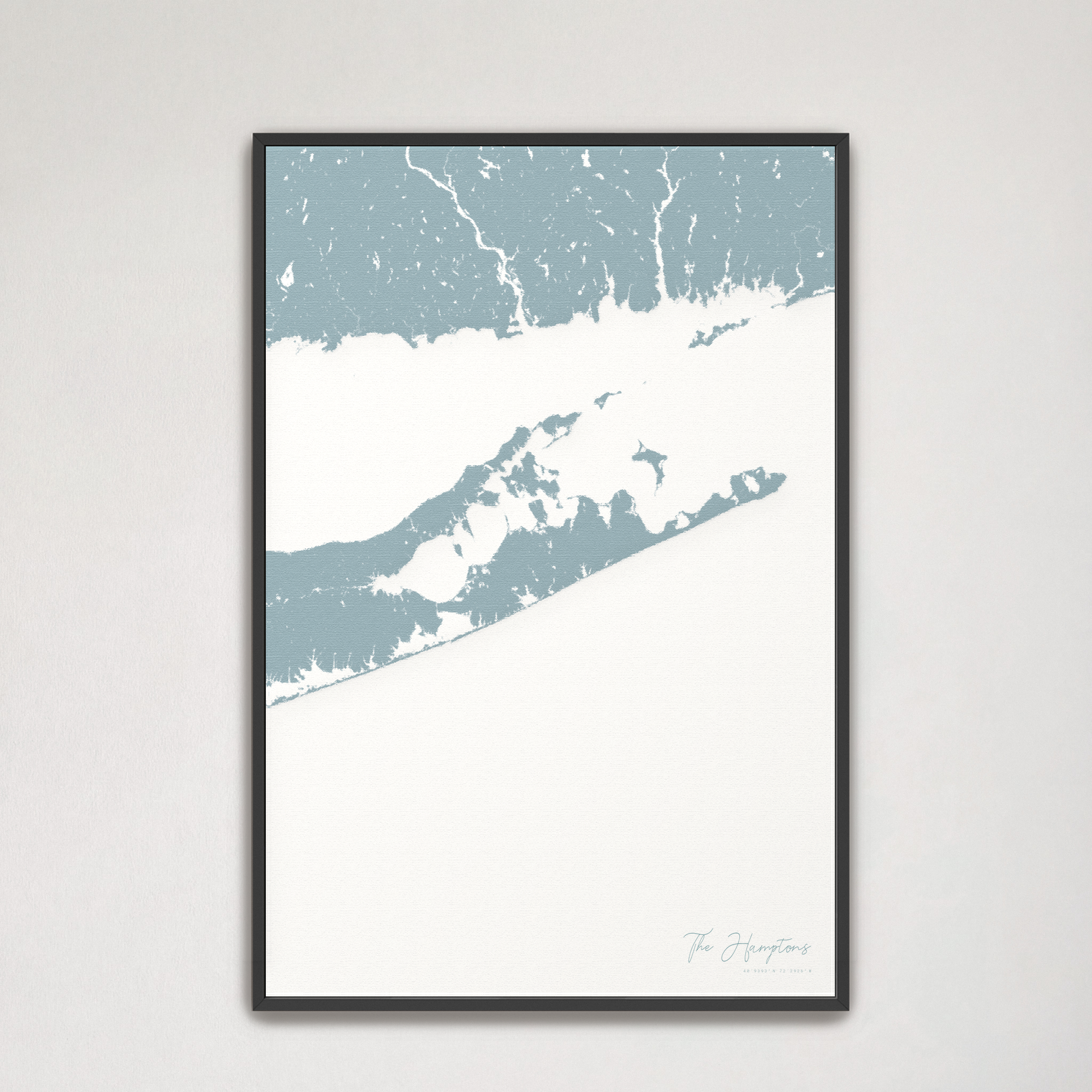 The Hamptons Coastal Map — Canvas Vertical, soft-blue, Black Frame
