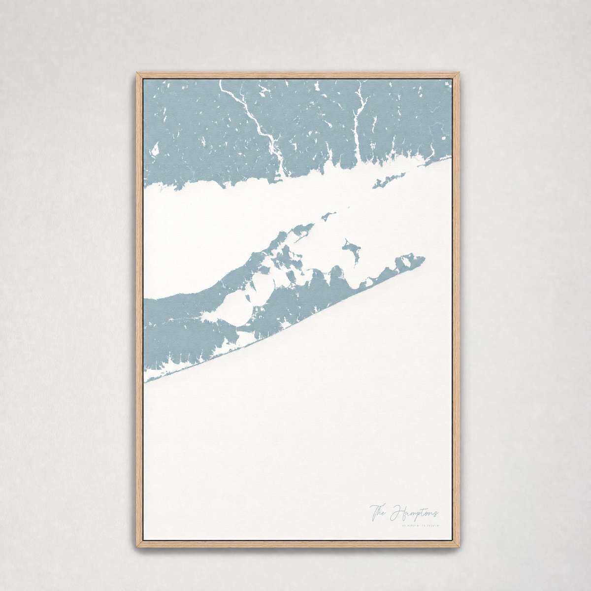 The Hamptons Coastal Map — Canvas Vertical — soft-blue, Light Wood