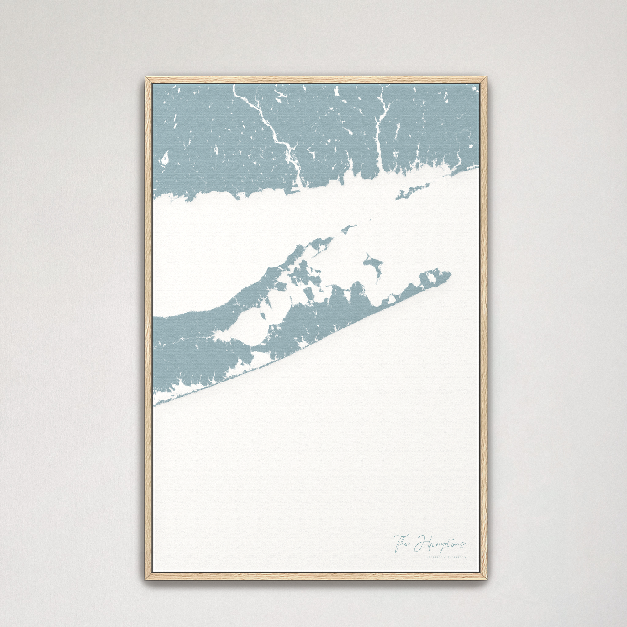 The Hamptons Coastal Map — Canvas Vertical, soft-blue, Natural Oak