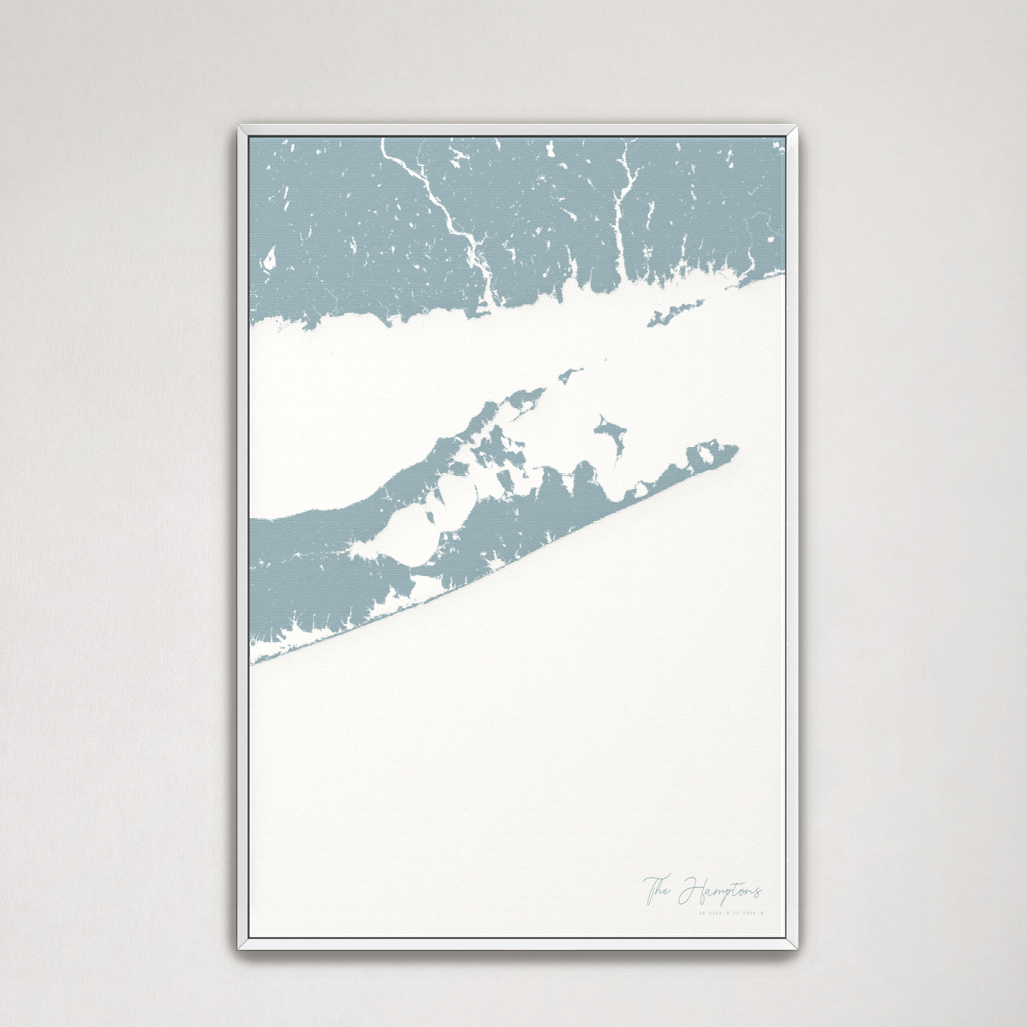 The Hamptons Coastal Map — Canvas Vertical, soft-blue, White Frame