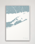 The Hamptons Coastal Map — Canvas Vertical, soft-blue, White Frame