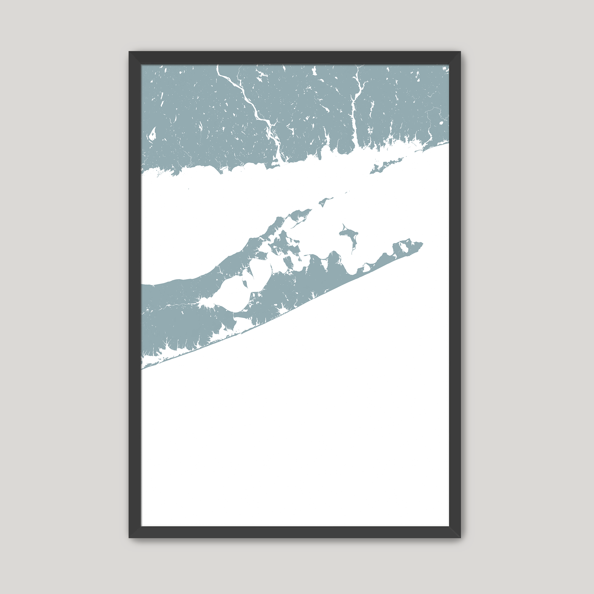 The Hamptons Coastal Map — Fine Art Print Vertical, soft-blue, Black Frame, 8x10
