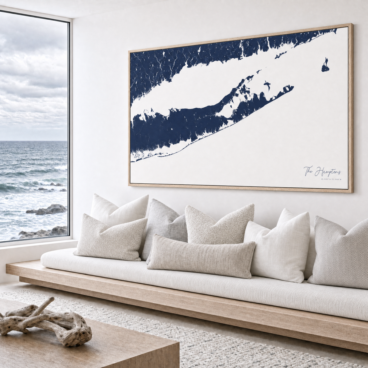The Hamptons canvas map — sea-view bench interior