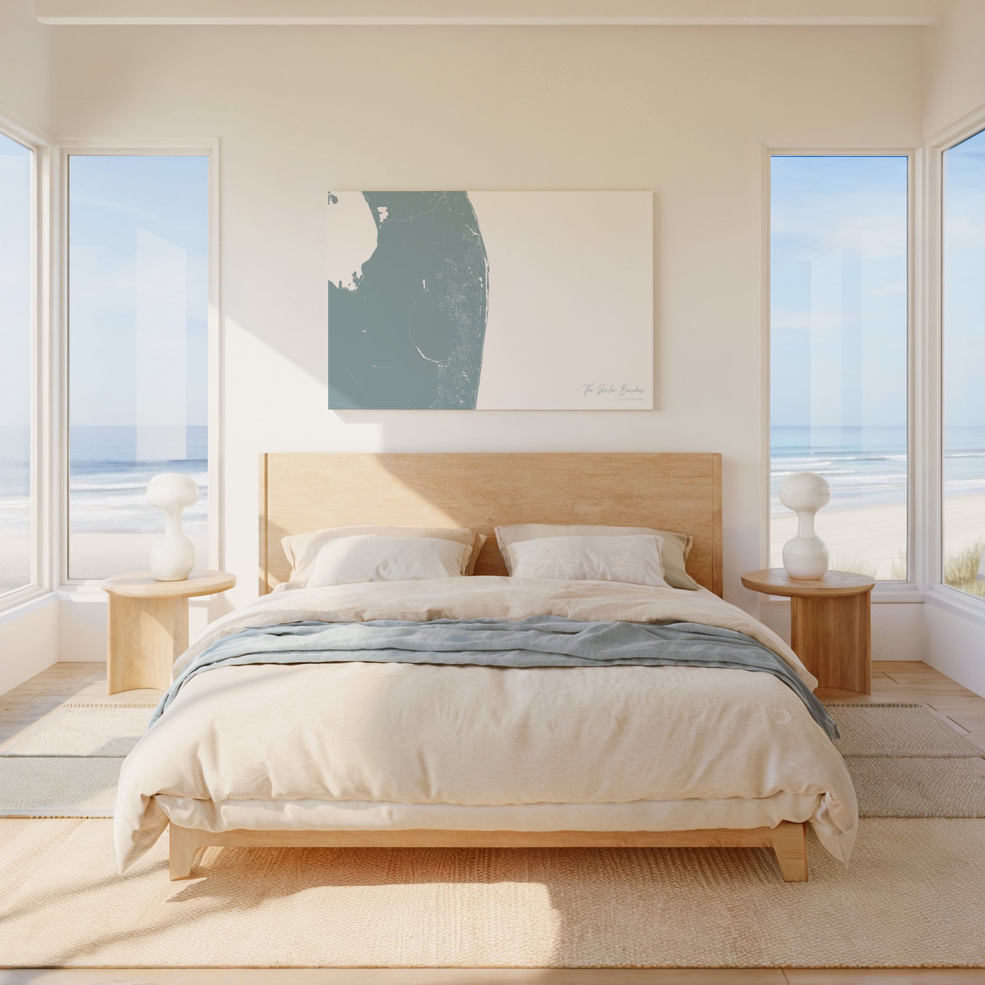 The Palm Beaches soft blue horizontal wrapped canvas map in the ratio 3:2 hand mockup