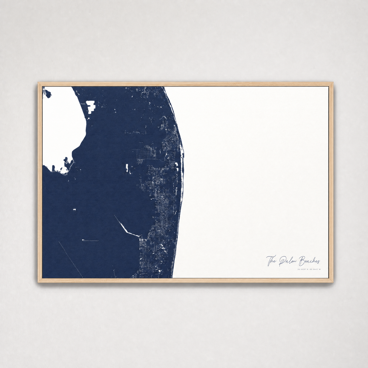 The Palm Beaches Coastal Map — Canvas Horizontal — navy, Light Wood
