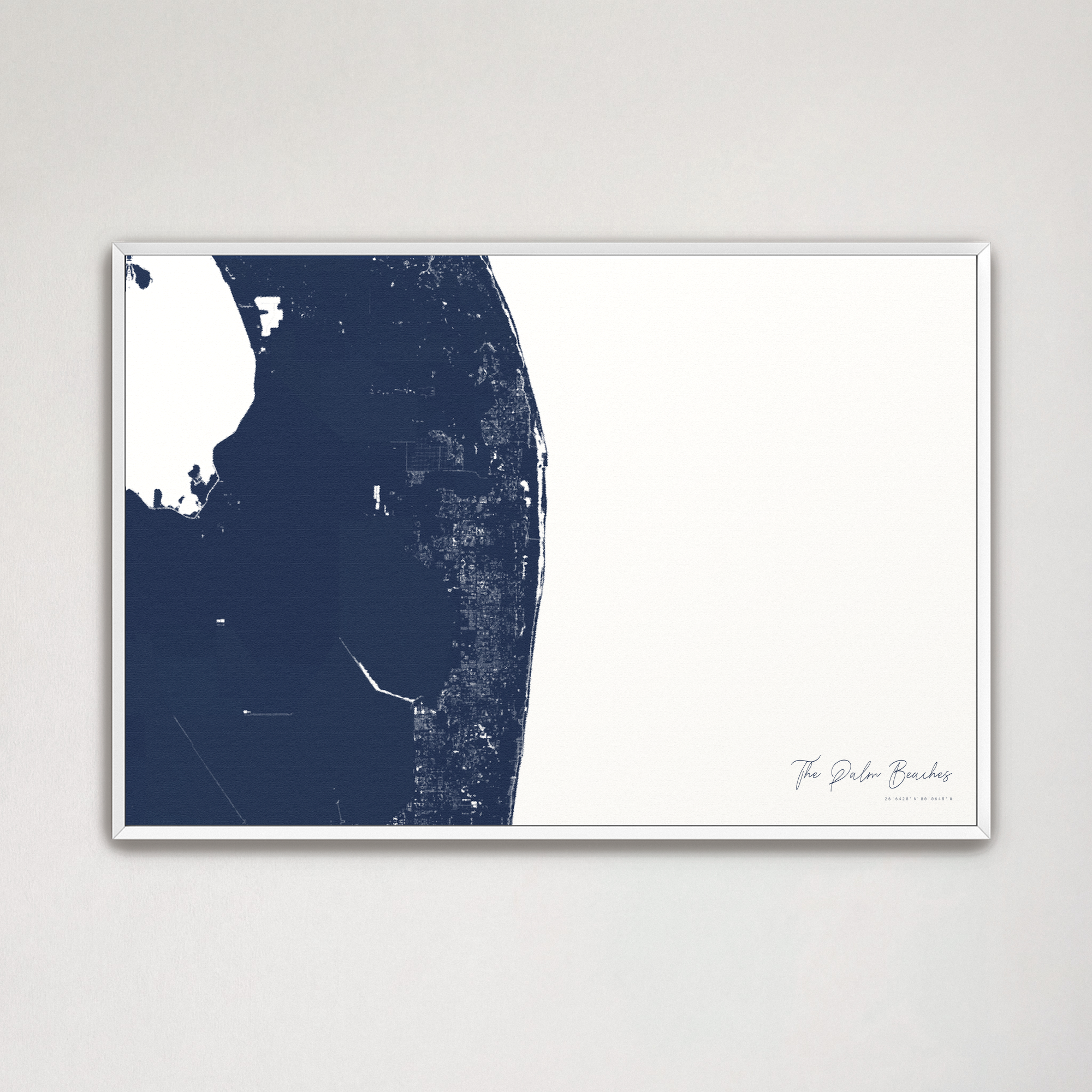 The Palm Beaches Coastal Map — Canvas Horizontal, navy, White Frame