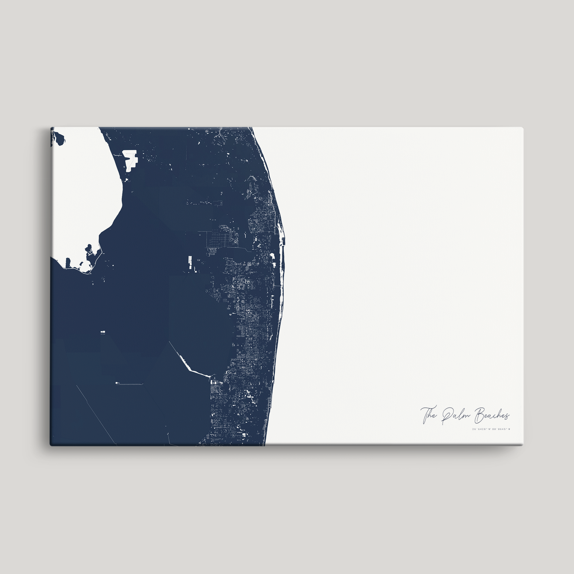 The Palm Beaches Coastal Map — Canvas Horizontal, navy, No Frame