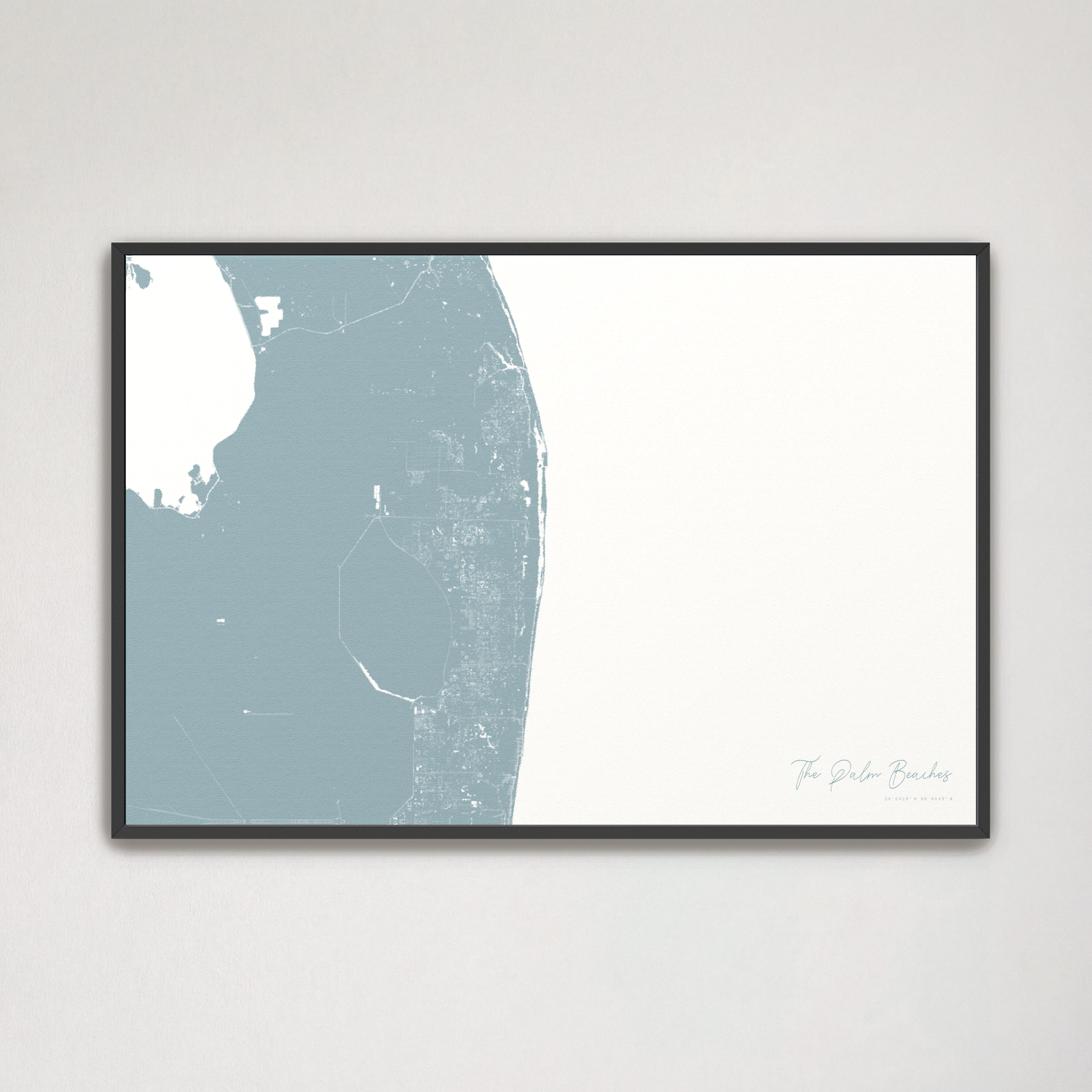 The Palm Beaches Coastal Map — Canvas Horizontal, soft-blue, Black Frame