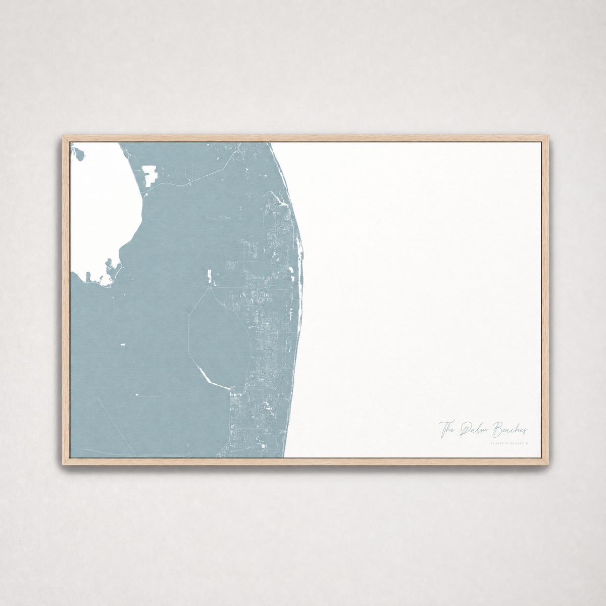The Palm Beaches Coastal Map — Canvas Horizontal — soft-blue, Light Wood
