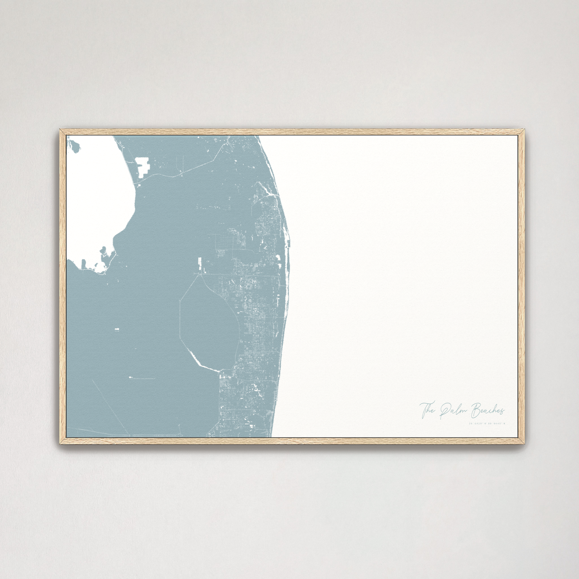 The Palm Beaches Coastal Map — Canvas Horizontal, soft-blue, Natural Oak