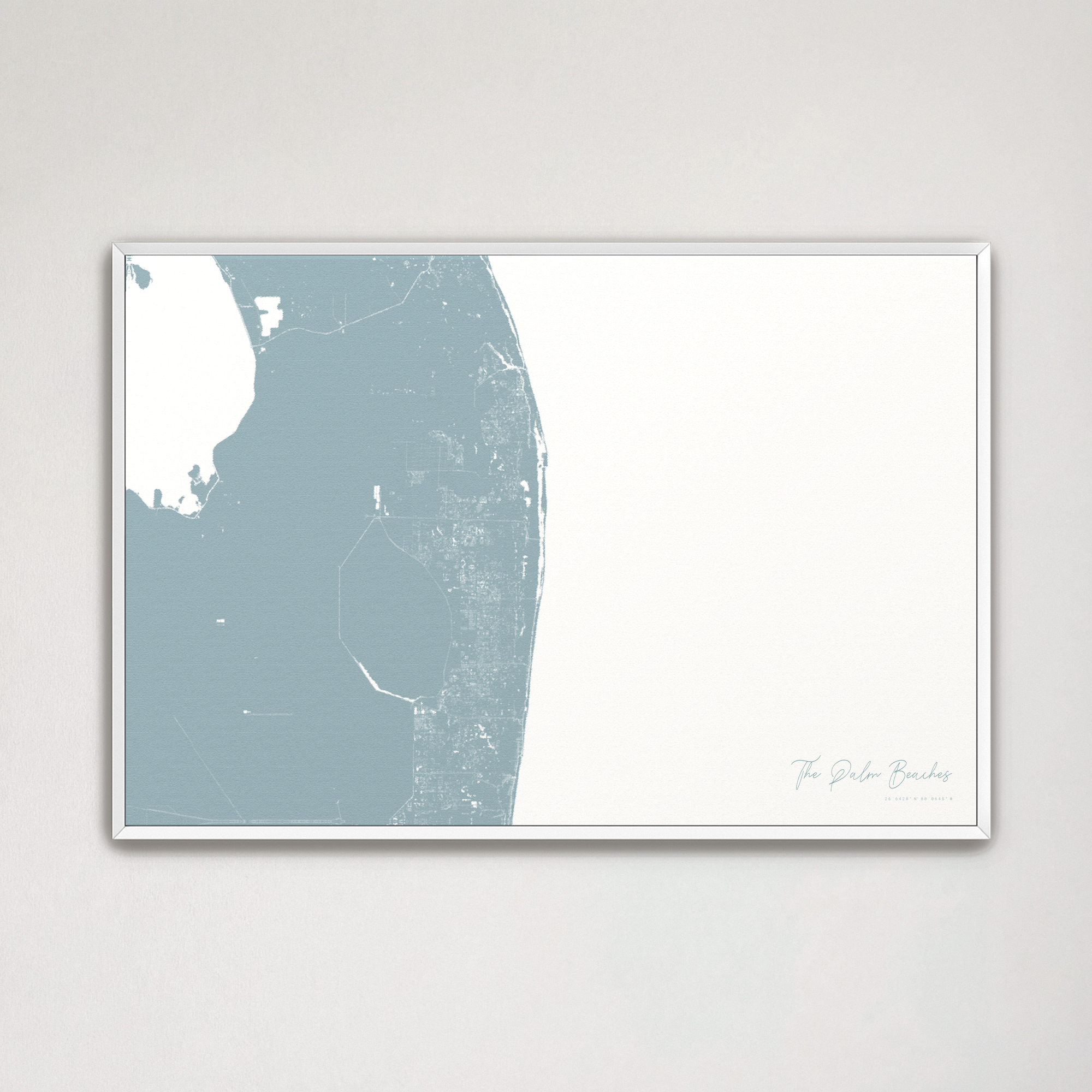 The Palm Beaches Coastal Map — Canvas Horizontal, soft-blue, White Frame