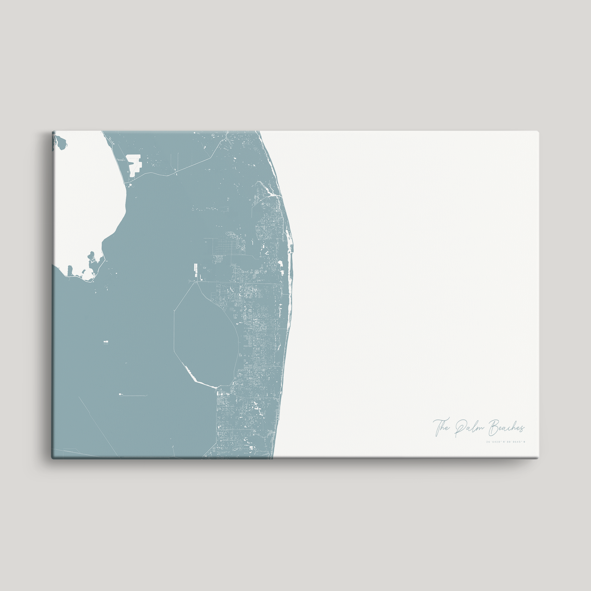 The Palm Beaches Coastal Map — Canvas Horizontal, soft-blue, No Frame