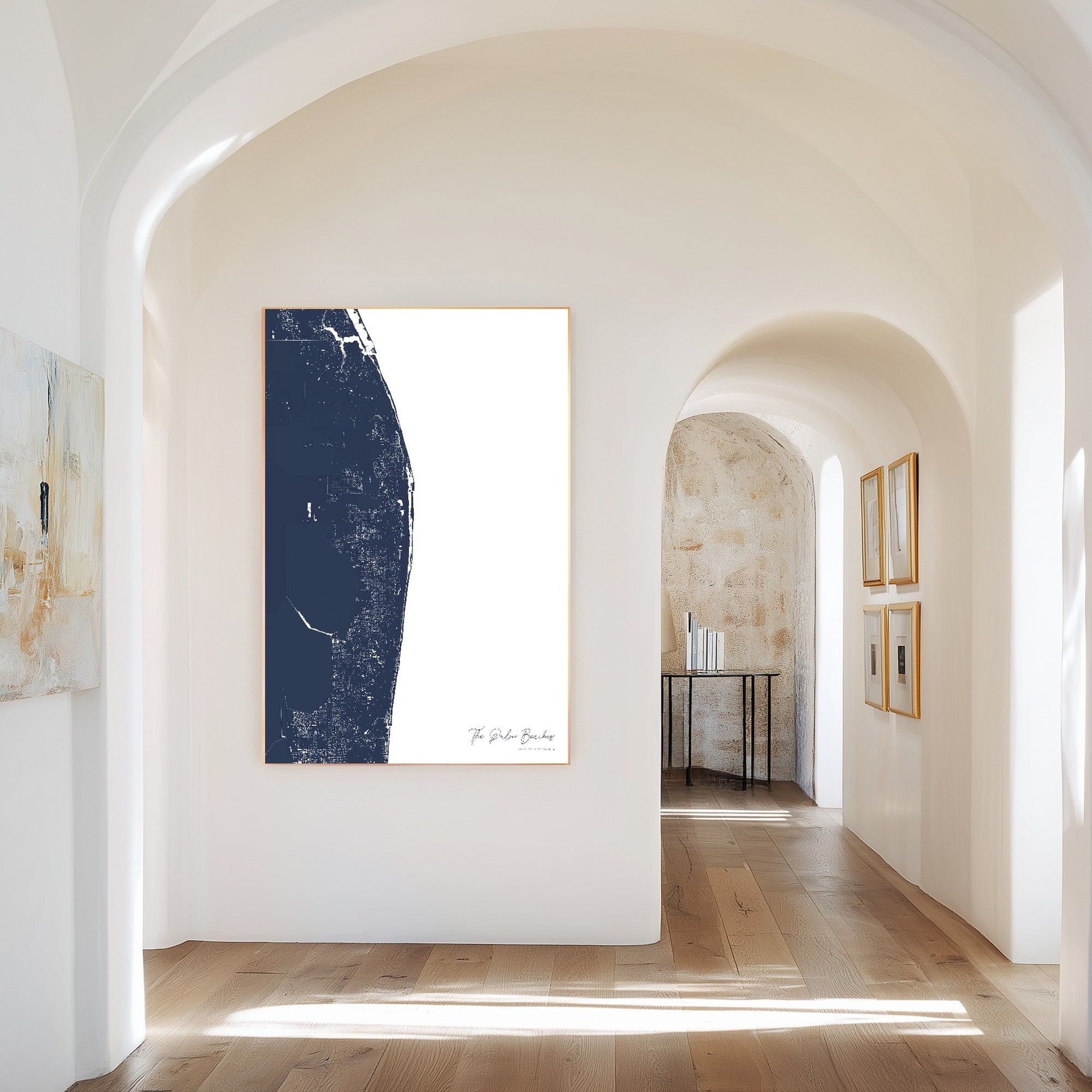 The Palm Beaches navy vertical canvas map in the Bello mixed room scene