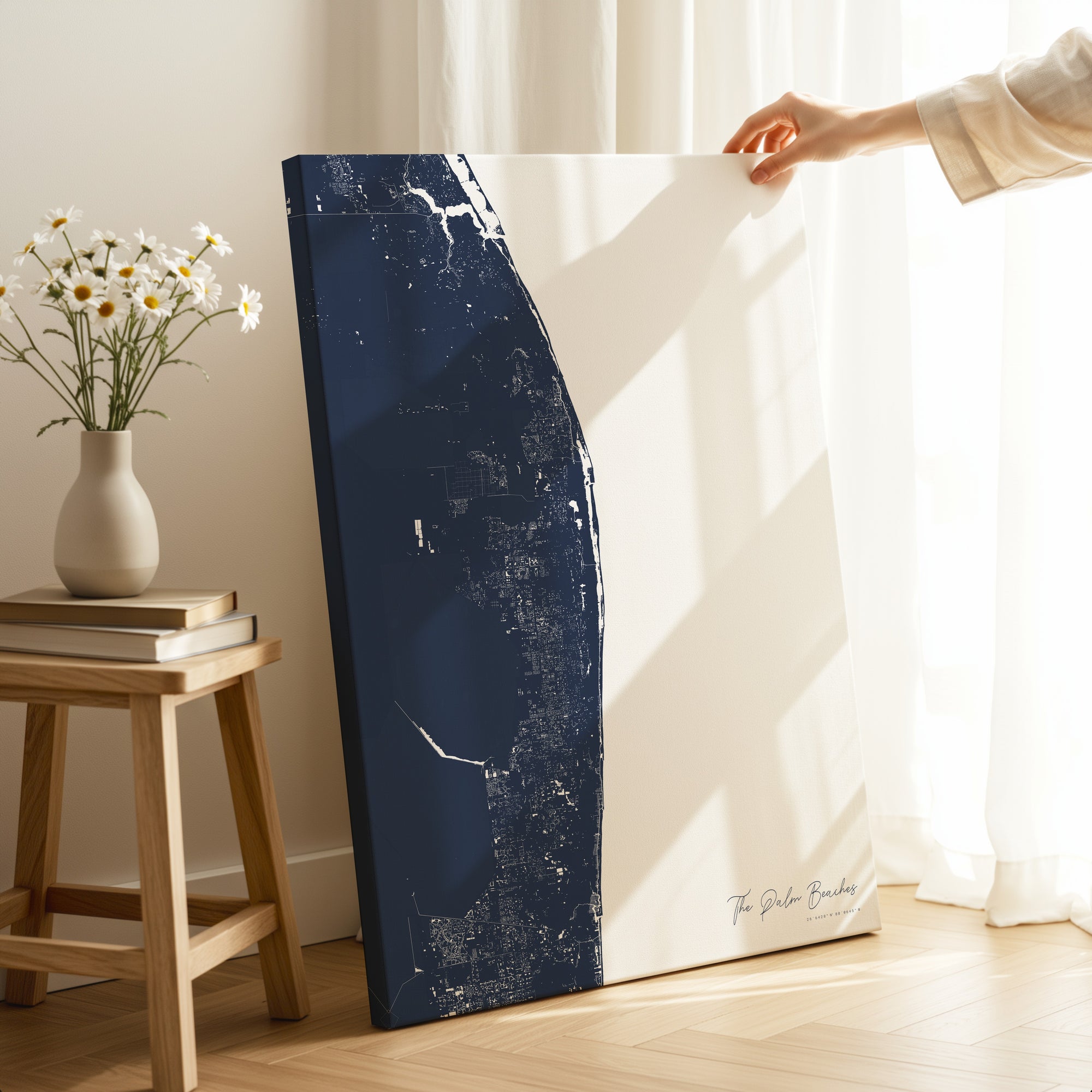 The Palm Beaches navy vertical wrapped canvas map in the ratio 2:3 hand mockup