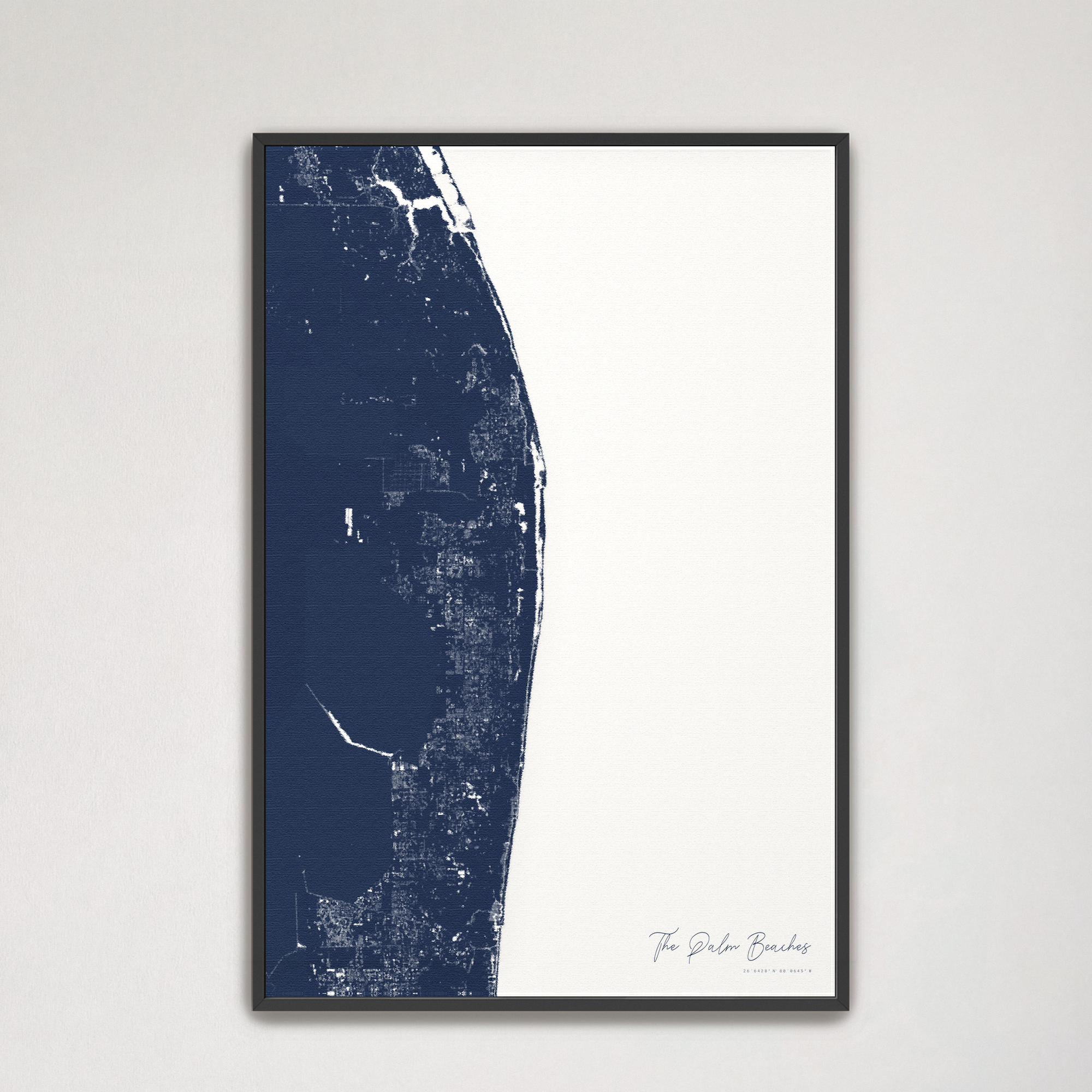The Palm Beaches Coastal Map — Canvas Vertical, navy, Black Frame