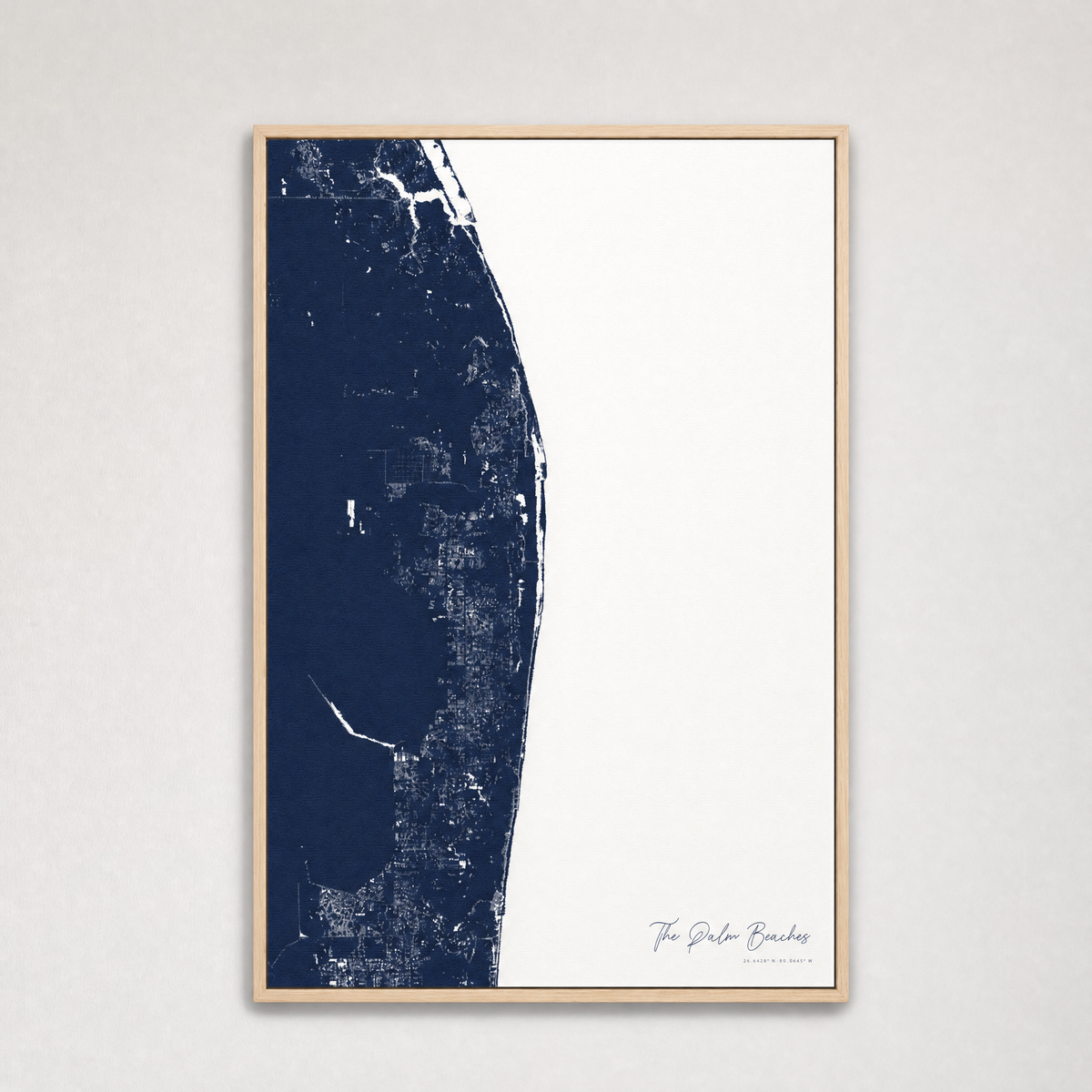 The Palm Beaches Coastal Map — Canvas Vertical — navy, Light Wood