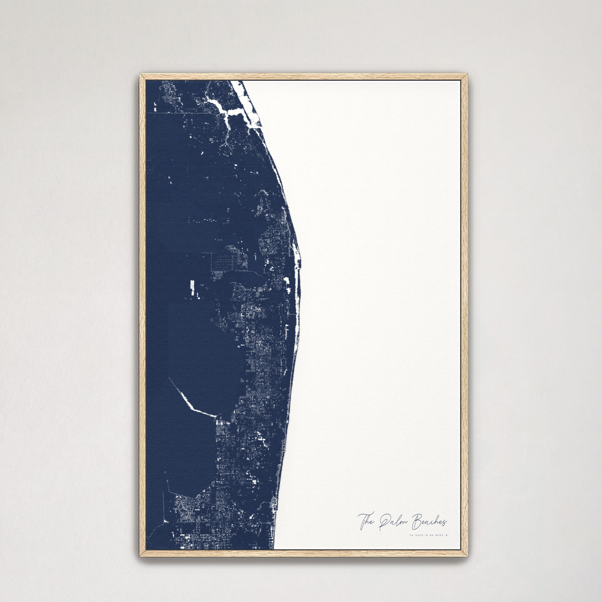 The Palm Beaches Coastal Map — Canvas Vertical, navy, Natural Oak