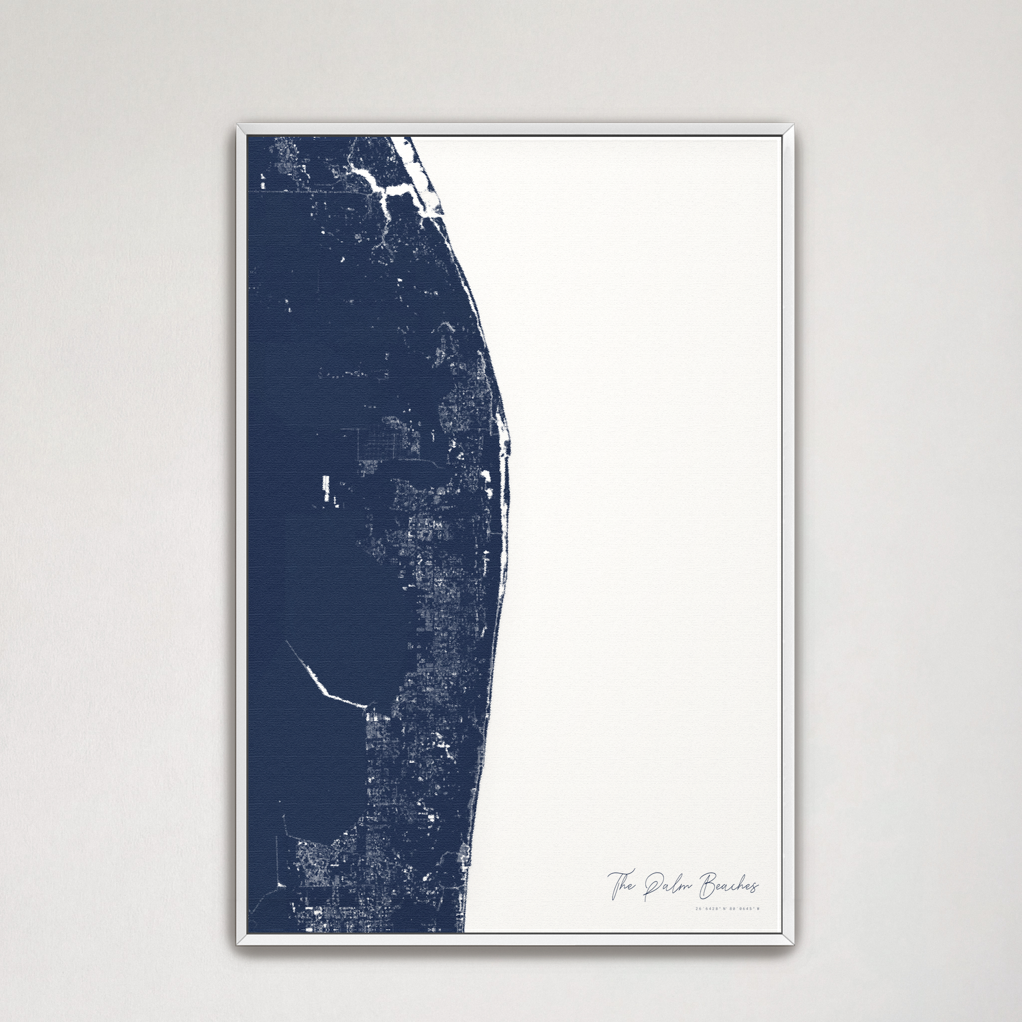 The Palm Beaches Coastal Map — Canvas Vertical, navy, White Frame