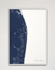 The Palm Beaches Coastal Map — Canvas Vertical, navy, White Frame