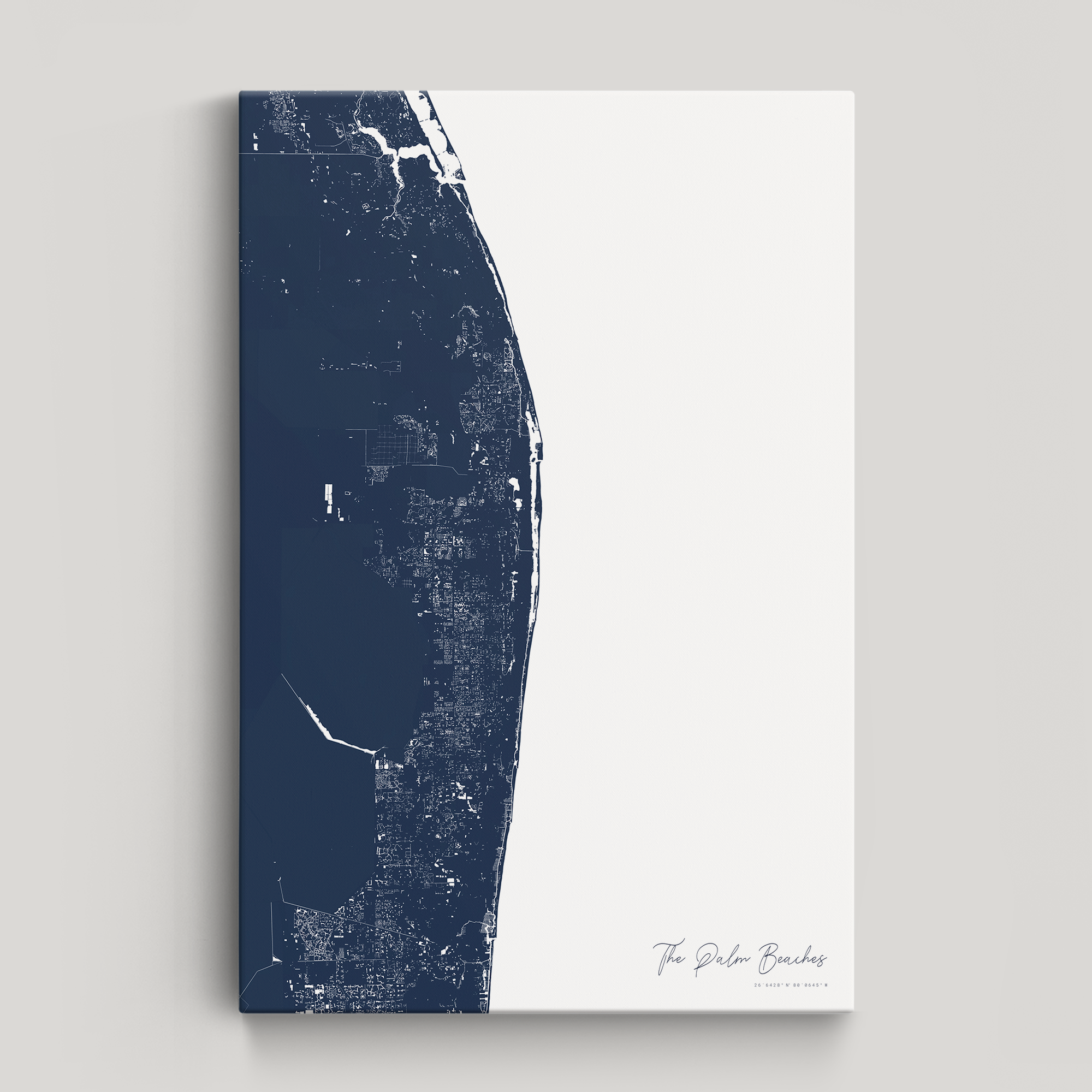 The Palm Beaches Coastal Map — Canvas Vertical, navy, No Frame