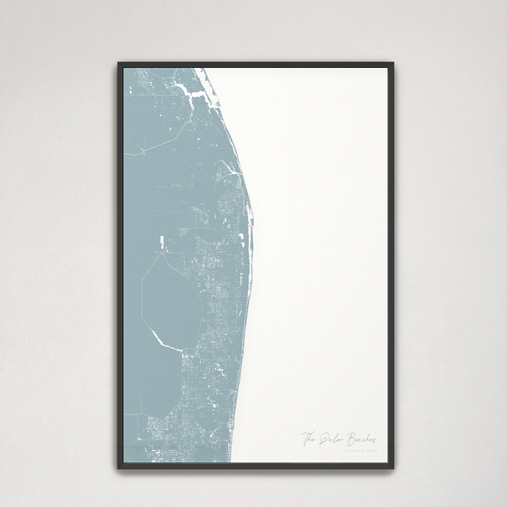 The Palm Beaches Coastal Map — Canvas Vertical, soft-blue, Black Frame